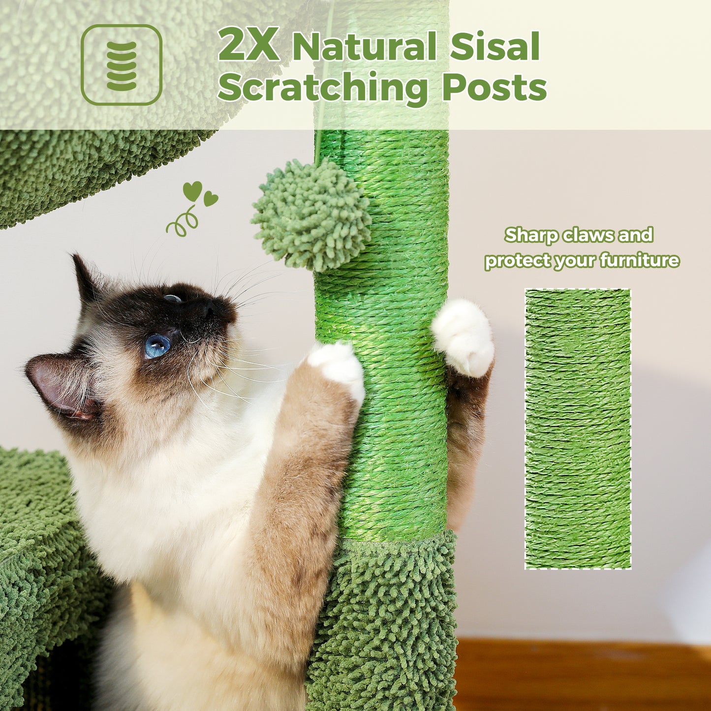 PAWZ Road Cactus Cat Tree 102 cm | With Metal Hammock & Play Ball | Sisal Scratching Posts | For Large Cats