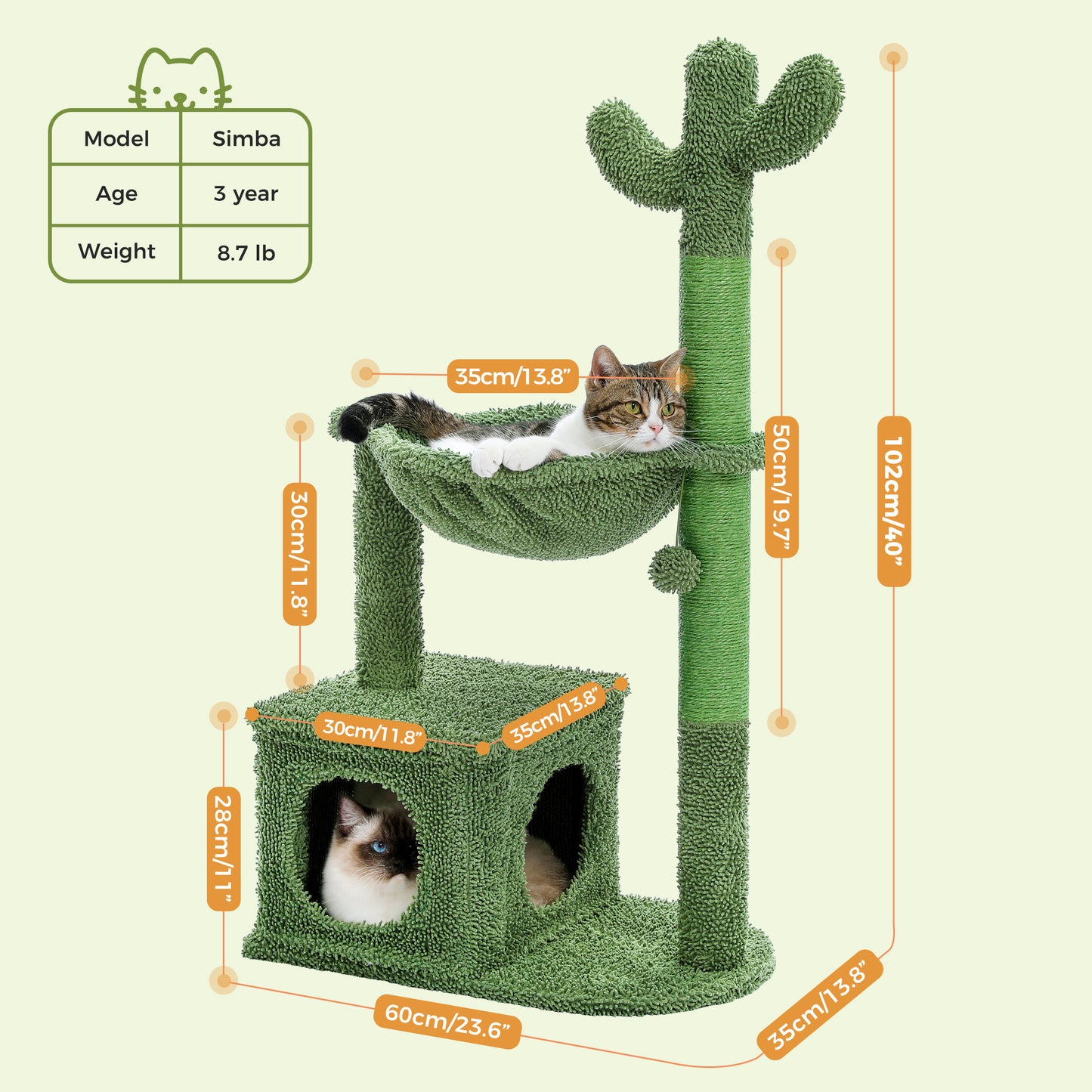 PAWZ Road Cactus Cat Tree 102 cm | With Metal Hammock & Play Ball | Sisal Scratching Posts | For Large Cats