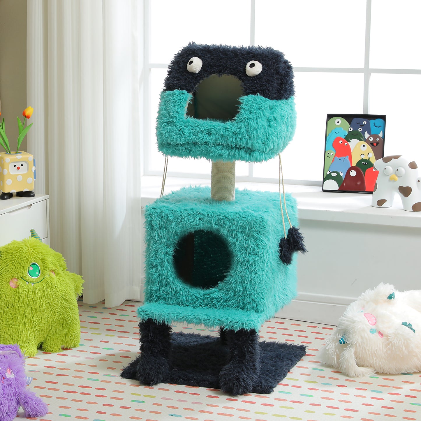 PAWZ Road Monster Cat House & Scratching Post 2-in-1 | Blue | With removable sleeping cave | Double cave design | Heated bed