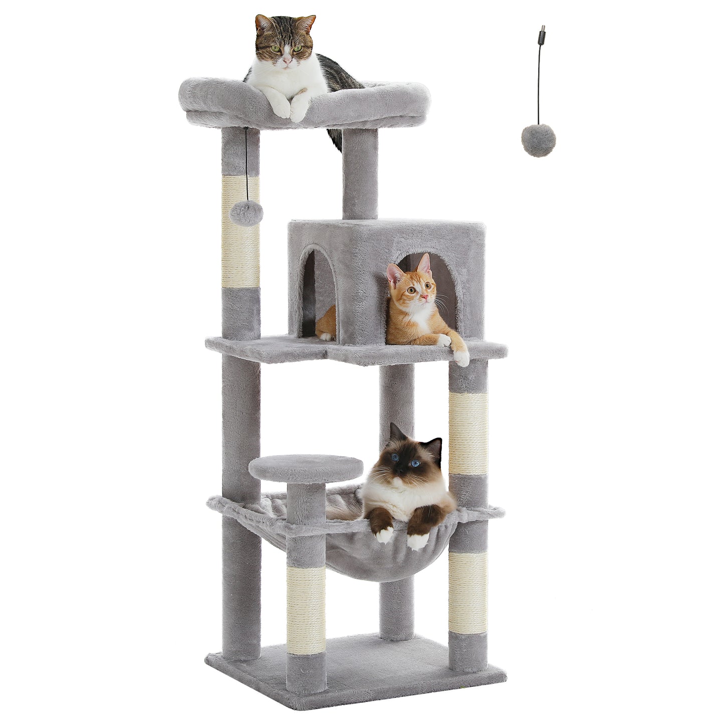 PAWZ Road 116 cm Katzenbaum mittelgroßer Kratzturm mit 4 Sisal-Kratzpfosten, Metallrahmen großer Hängematte und gemütlichem Schlafhaus, Aktivitätszentrum stabil und robust