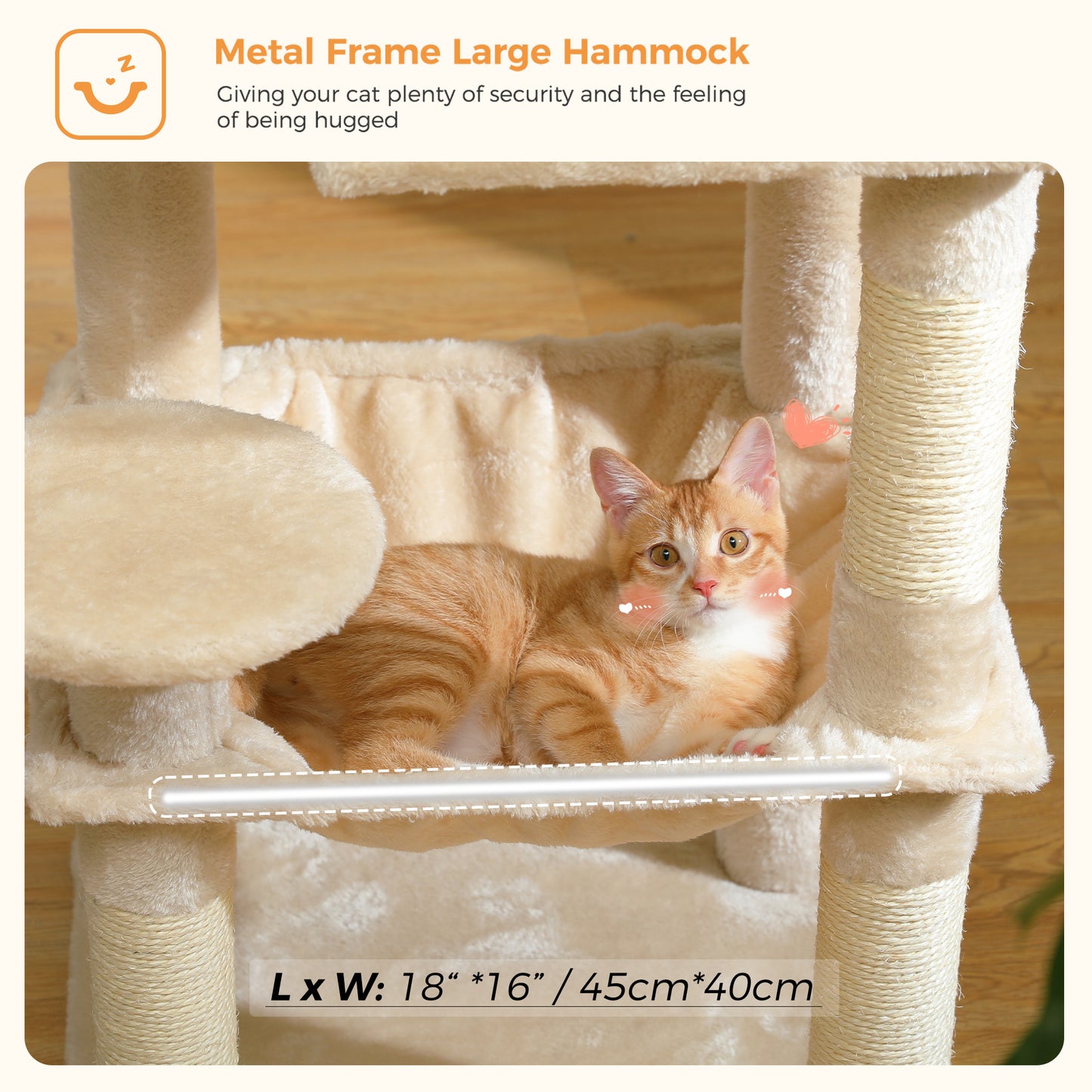 PAWZ Road 116 cm Katzenbaum mittelgroßer Kratzturm mit 4 Sisal-Kratzpfosten, Metallrahmen großer Hängematte und gemütlichem Schlafhaus, Aktivitätszentrum stabil und robust