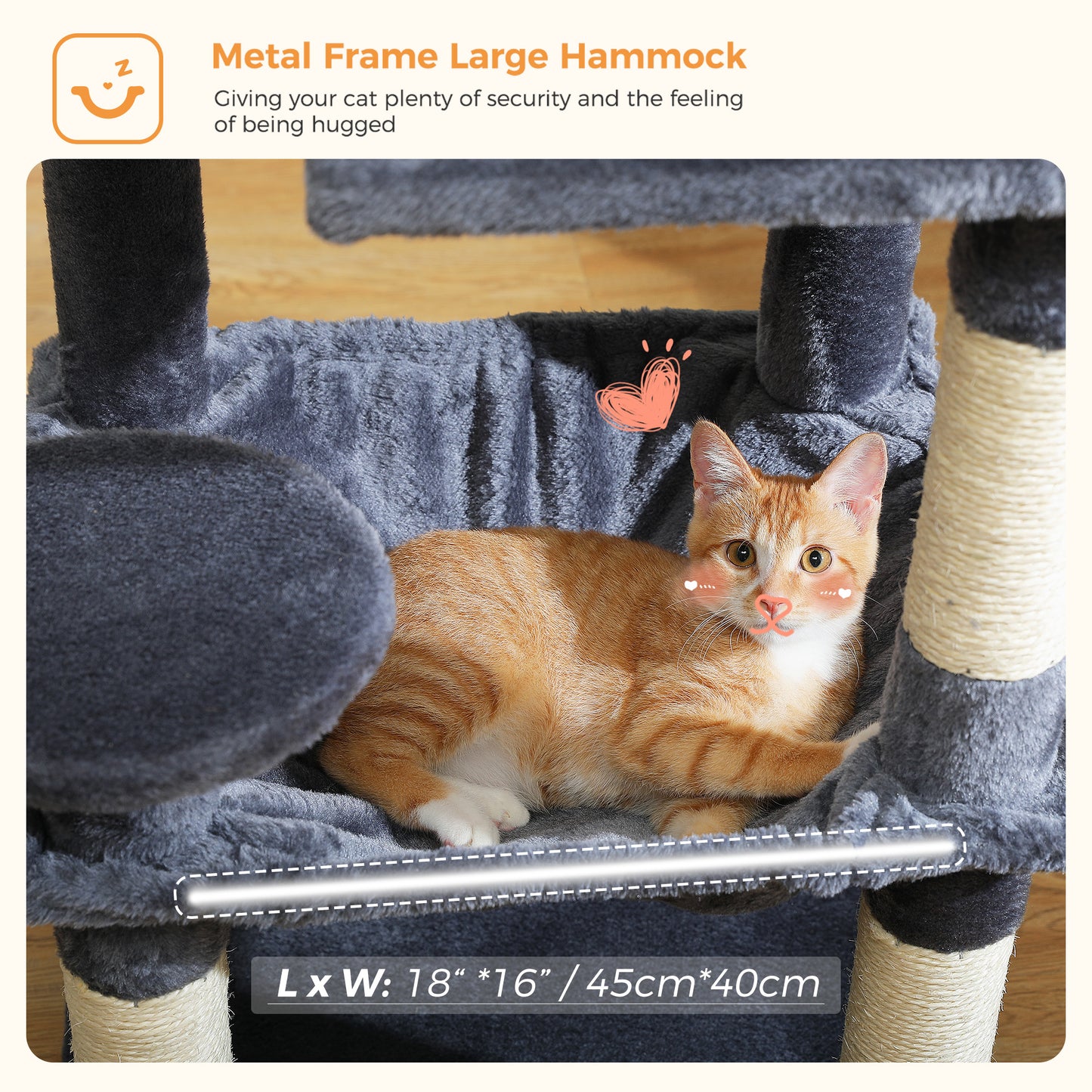 PAWZ Road 116 cm Katzenbaum mittelgroßer Kratzturm mit 4 Sisal-Kratzpfosten, Metallrahmen großer Hängematte und gemütlichem Schlafhaus, Aktivitätszentrum stabil und robust