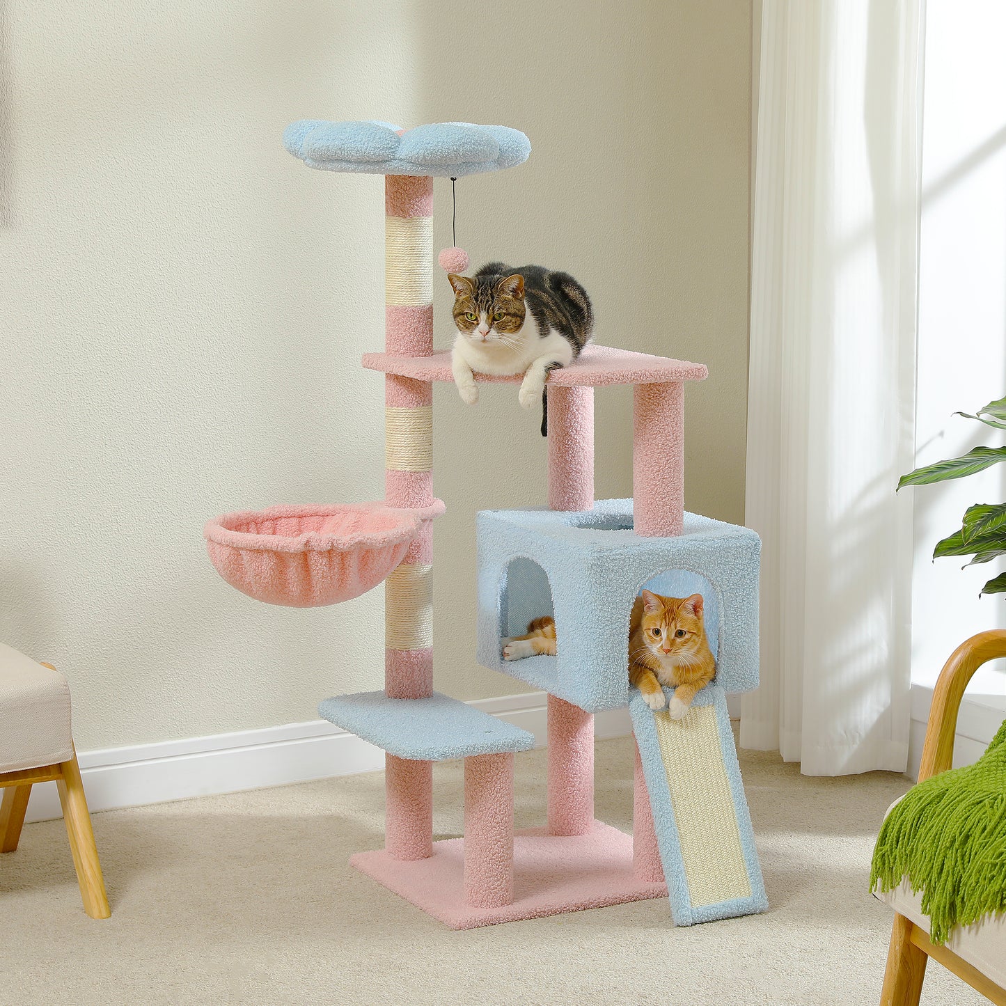 Albero per gatti PAWZ Road Flower (89 cm) – Tiragraffi rosa | Pali in sisal | Amaca in metallo | Piattaforma per dormire blu (inclusa palla da gioco)