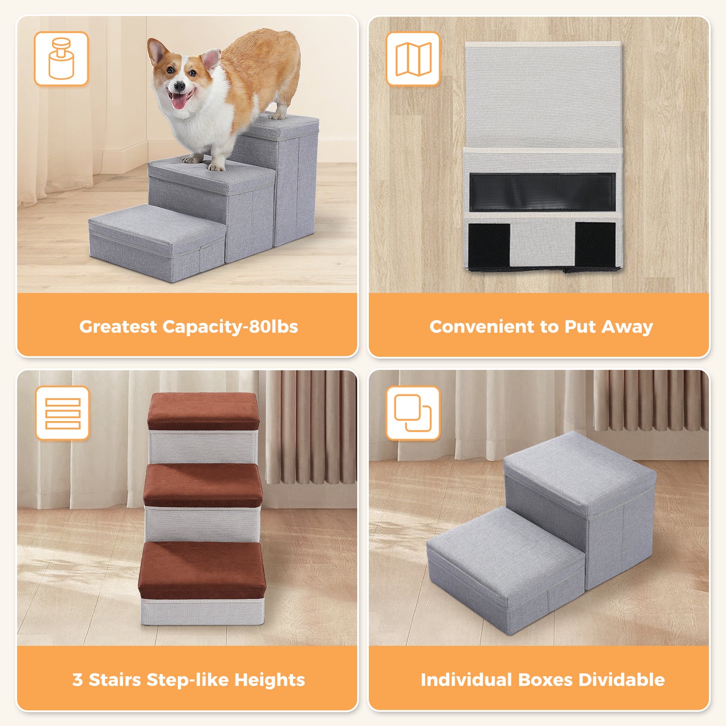 PETEPELA escaleras para perros con 3 compartimentos de almacenamiento – Plegable | escalera de seguridad antideslizante para perros y gatos | 3 niveles
