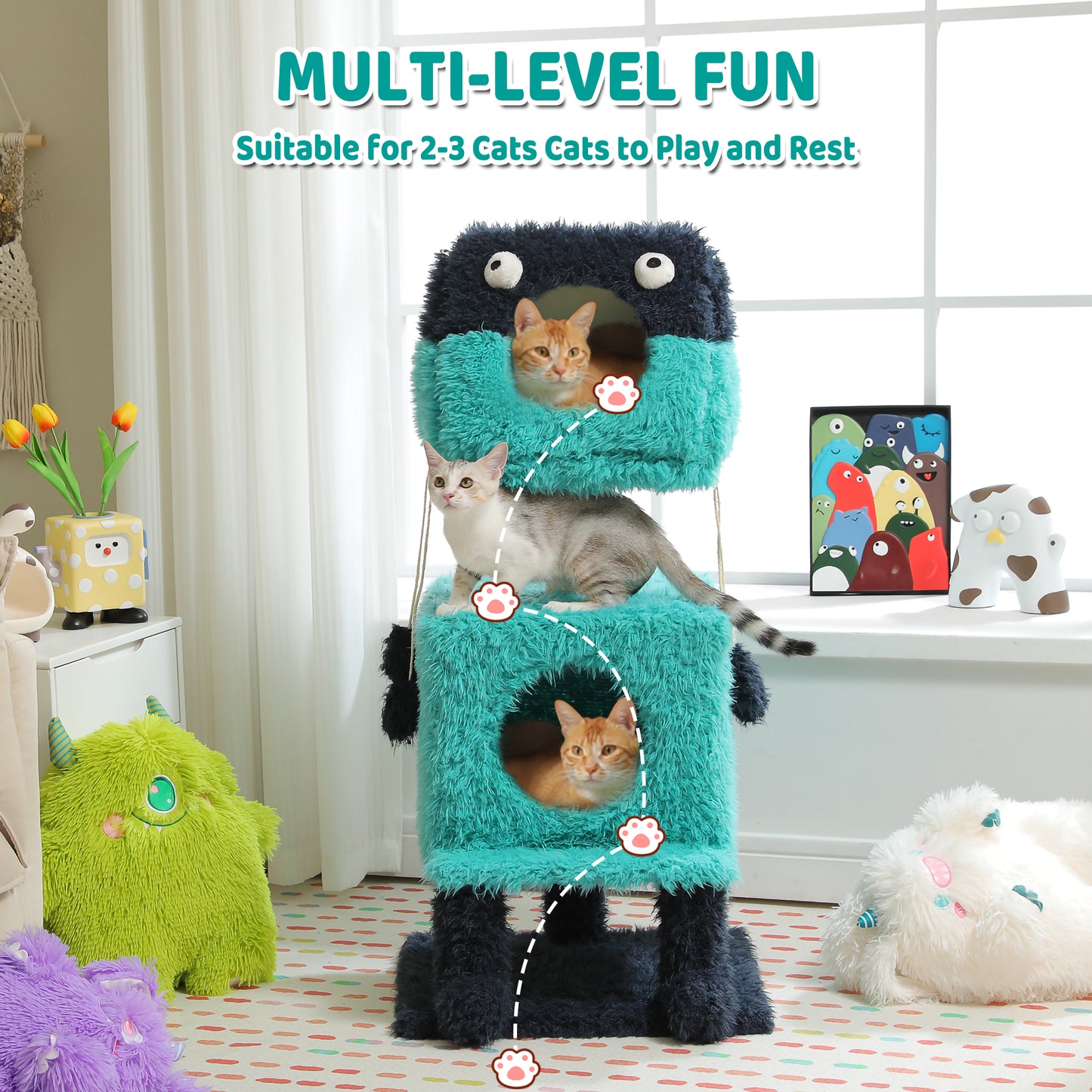 PAWZ Road Monster Cat House & Scratching Post 2-in-1 | Blue | With removable sleeping cave | Double cave design | Heated bed