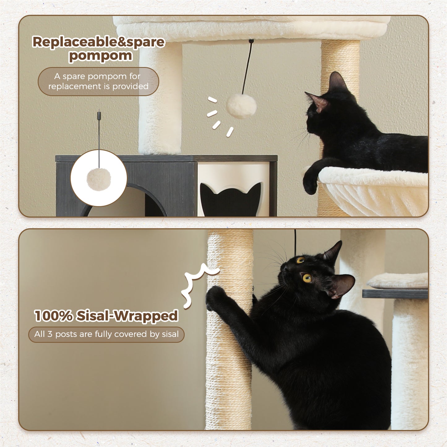 PAWZ Road Rascador Moderno para Gatos Grandes | Árbol para Gatos Premium con Casa de Sueño XXL | Altura Total 146 cm