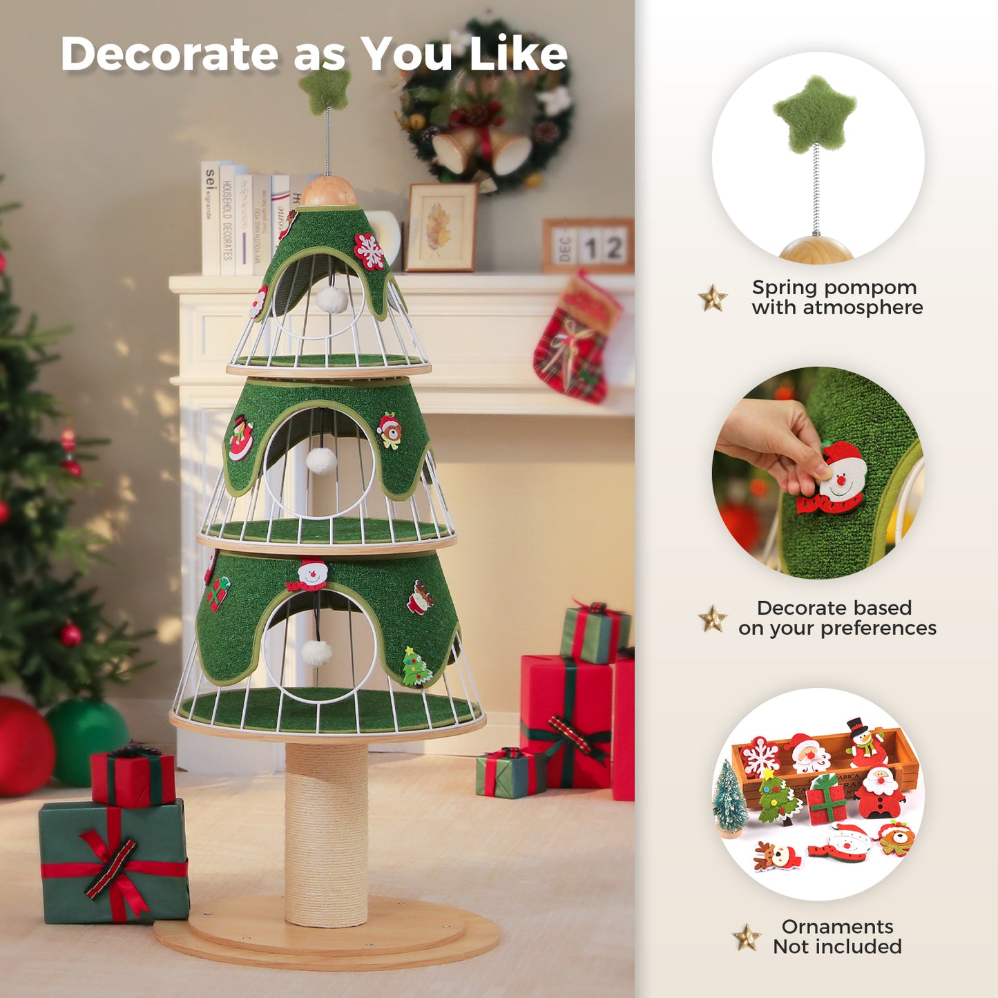 PAWZ Road Arbre de Noël pour chats, tour d'escalade multicouche de 130 cm de haut avec revêtement en sisal de 14 cm d'épaisseur pour gratter et 3 grands abris de sommeil – Arbre intérieur pour chats