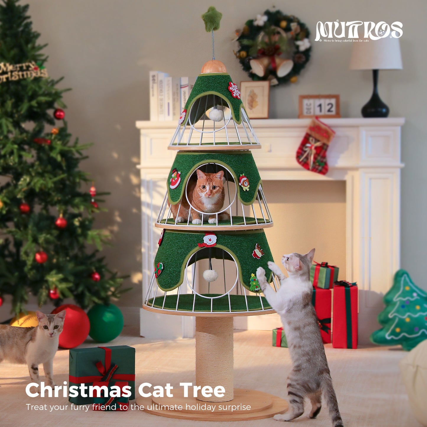 PAWZ Road Arbre de Noël pour chats, tour d'escalade multicouche de 130 cm de haut avec revêtement en sisal de 14 cm d'épaisseur pour gratter et 3 grands abris de sommeil – Arbre intérieur pour chats