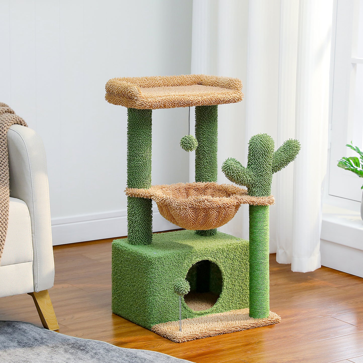 PAWZ Road 4-in-1 Kaktus-Katzenbaum | 84 cm Katzenturm | mit XXL-Schlafhaus | Sisalpfosten | Tiefe Hängematte | Aussichtsplattform