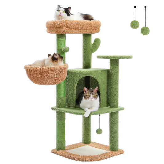 PAWZ Road Kratzbaum | mit Sisal-Kratzpfosten | Kratzbrett | gro?e kuschelige Katzenh?hle | Korb und Plattform | H?he 106 cm | Kaktus-Design