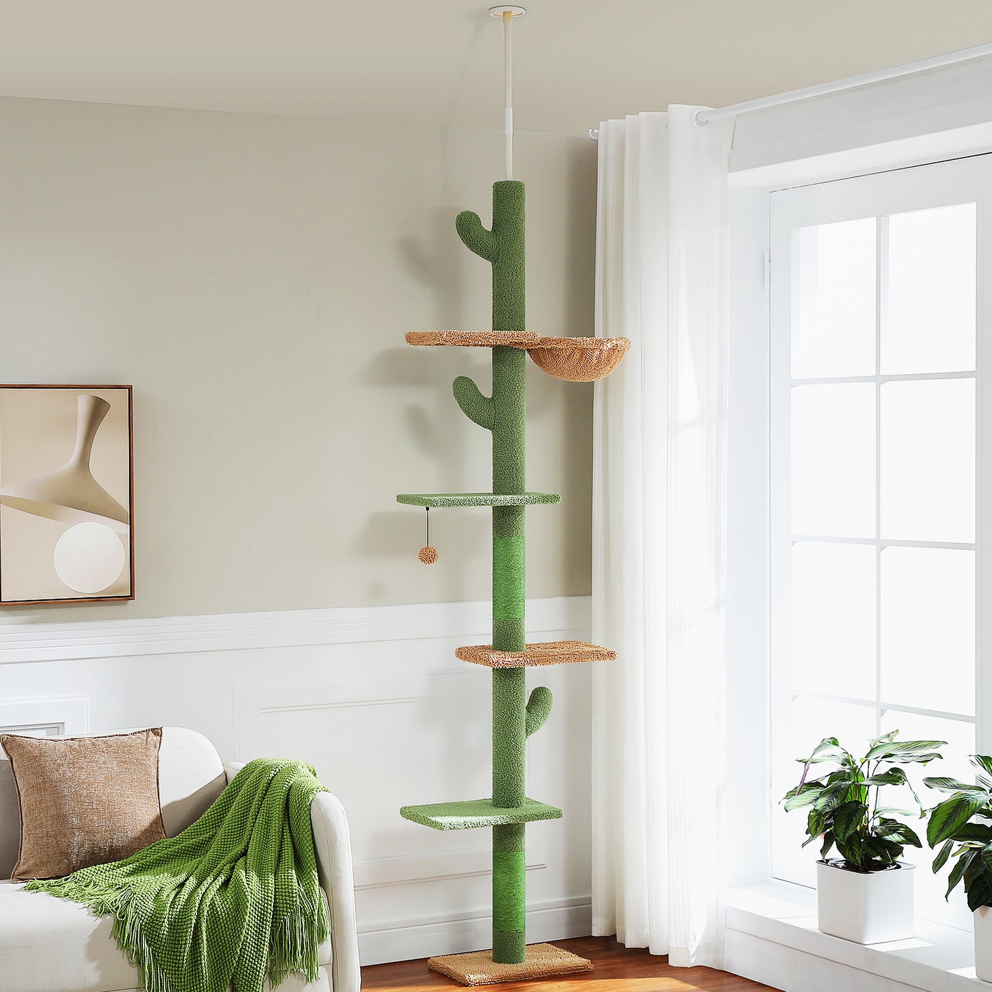 PAWZ Road Kaktus-Katzenkratzbaum | Deckenstütz-System | Höhenverstellbar (241-274 cm) | Mit Sisal-Kratzsäulen | Ideal für Großkatzen