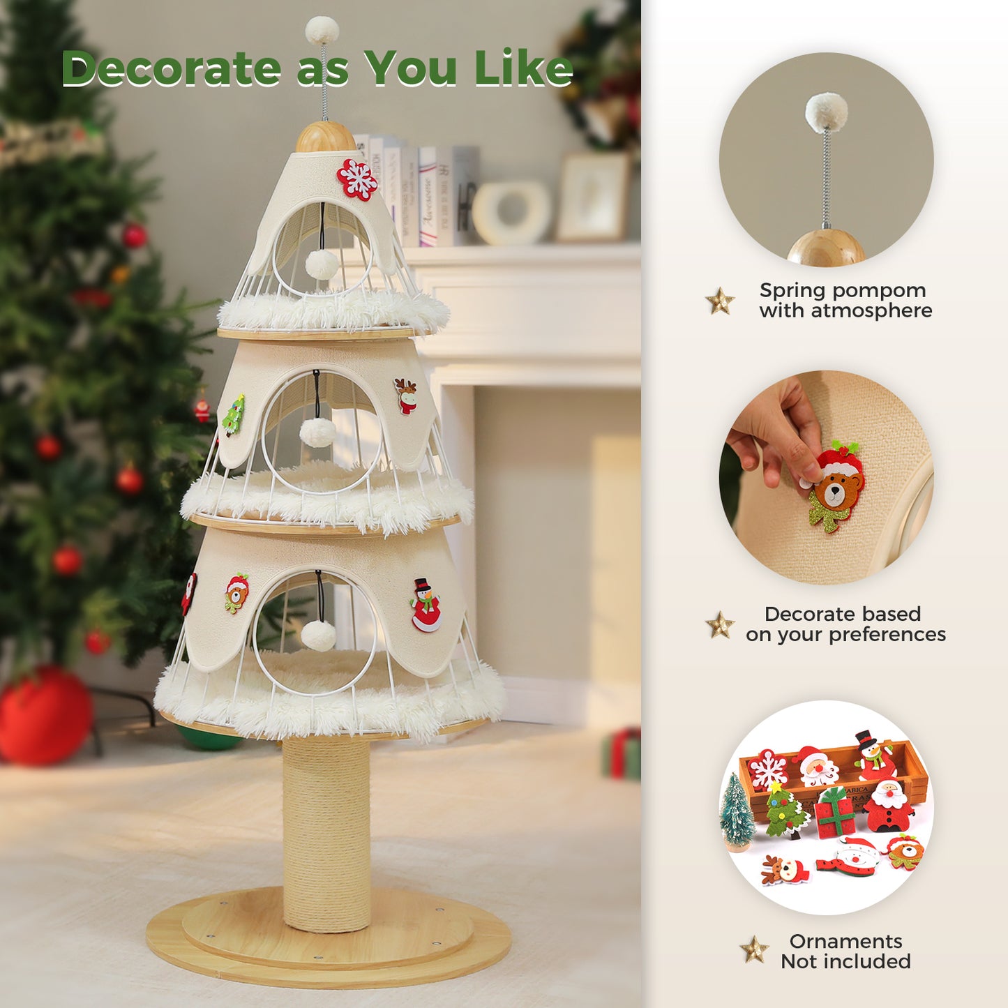 PAWZ Road Arbre de Noël pour chats, tour d'escalade multicouche de 130 cm de haut avec revêtement en sisal de 14 cm d'épaisseur pour gratter et 3 grands abris de sommeil – Arbre intérieur pour chats