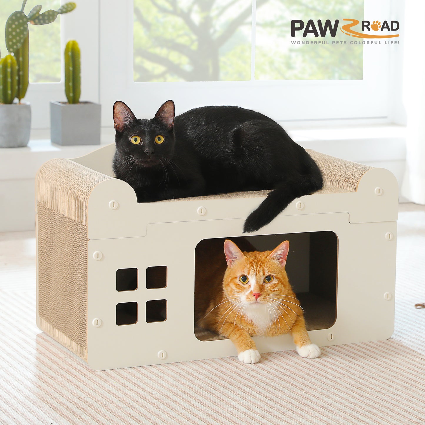 PAWZ Road Casa para Gatos con Tapa Desmontable y Rascador | Construcción de Cartón Ondulado de Alta Densidad de Doble Capa | Casa para Gatos 2 en 1 + Función de Rascado | Ventilada y Lavable