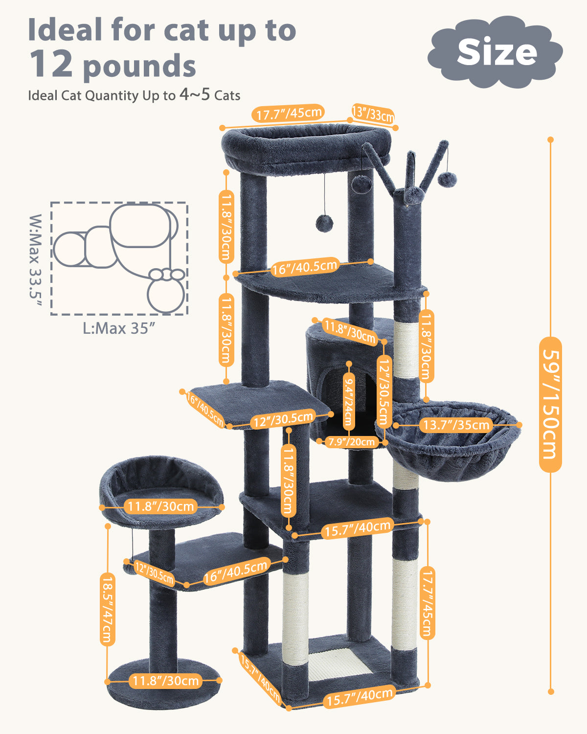 Albero per gatti PAWZ Road Flower da 150 cm - Torre per gatti grande a più livelli | Design basso | con cuccia | Amaca XXL | Pali in sisal e 2 piattaforme