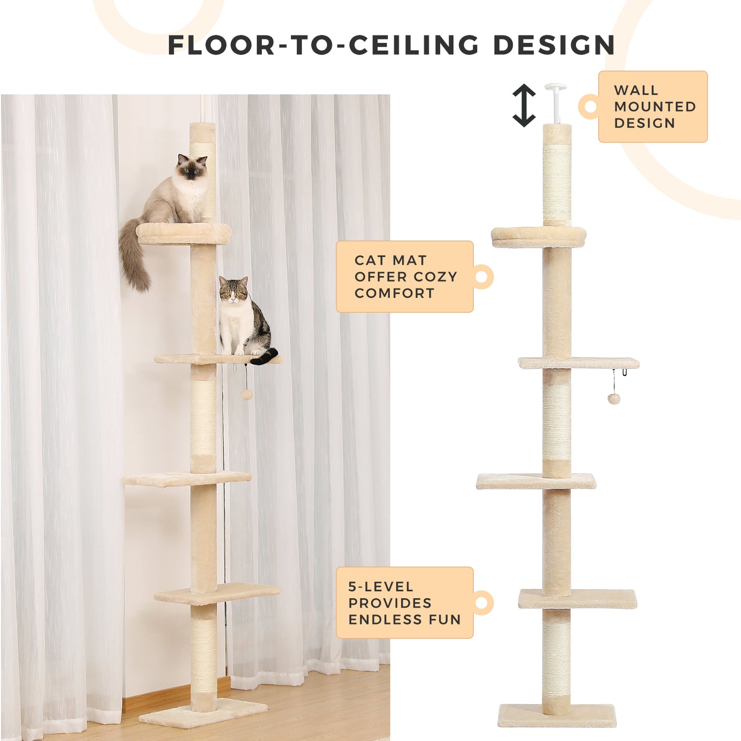 Árbol rascador XXL hasta el techo con montaje en pared | 5 niveles | Altura ajustable 228~274cm (89,8~107,9 pulgadas) | Postes de sisal natural extra gruesos | Cojines para dormir acogedores | Juguetes colgantes | Para razas de gatos grandes