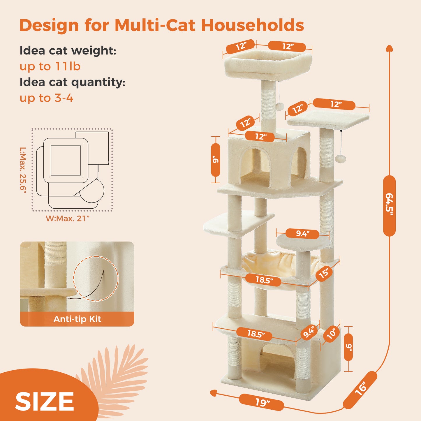 PAWZ Road Premium-Rascador | Árbol para gatos con hamaca XXL | Altura total 136 cm | Ideal para hogares con múltiples gatos