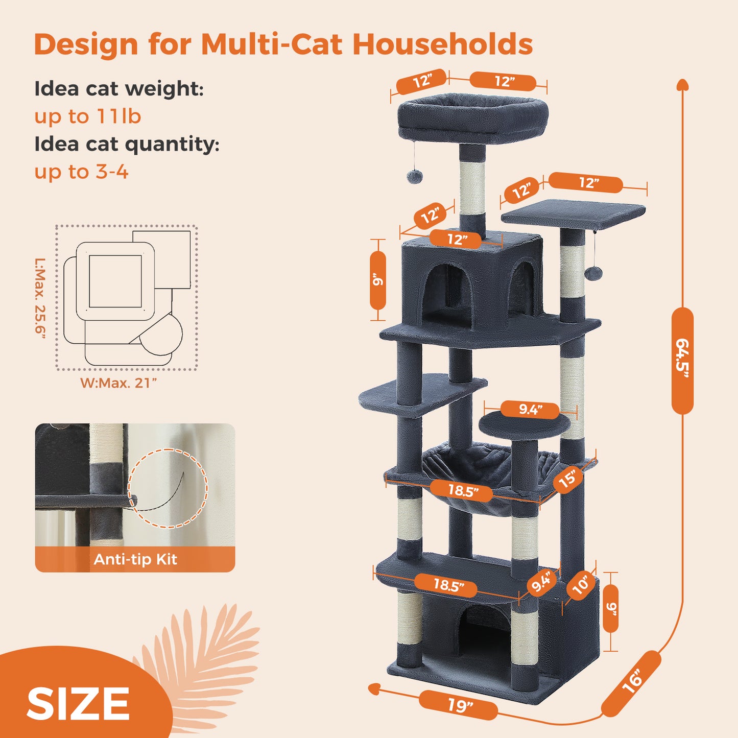 PAWZ Road Premium-Rascador | Árbol para gatos con hamaca XXL | Altura total 136 cm | Ideal para hogares con múltiples gatos