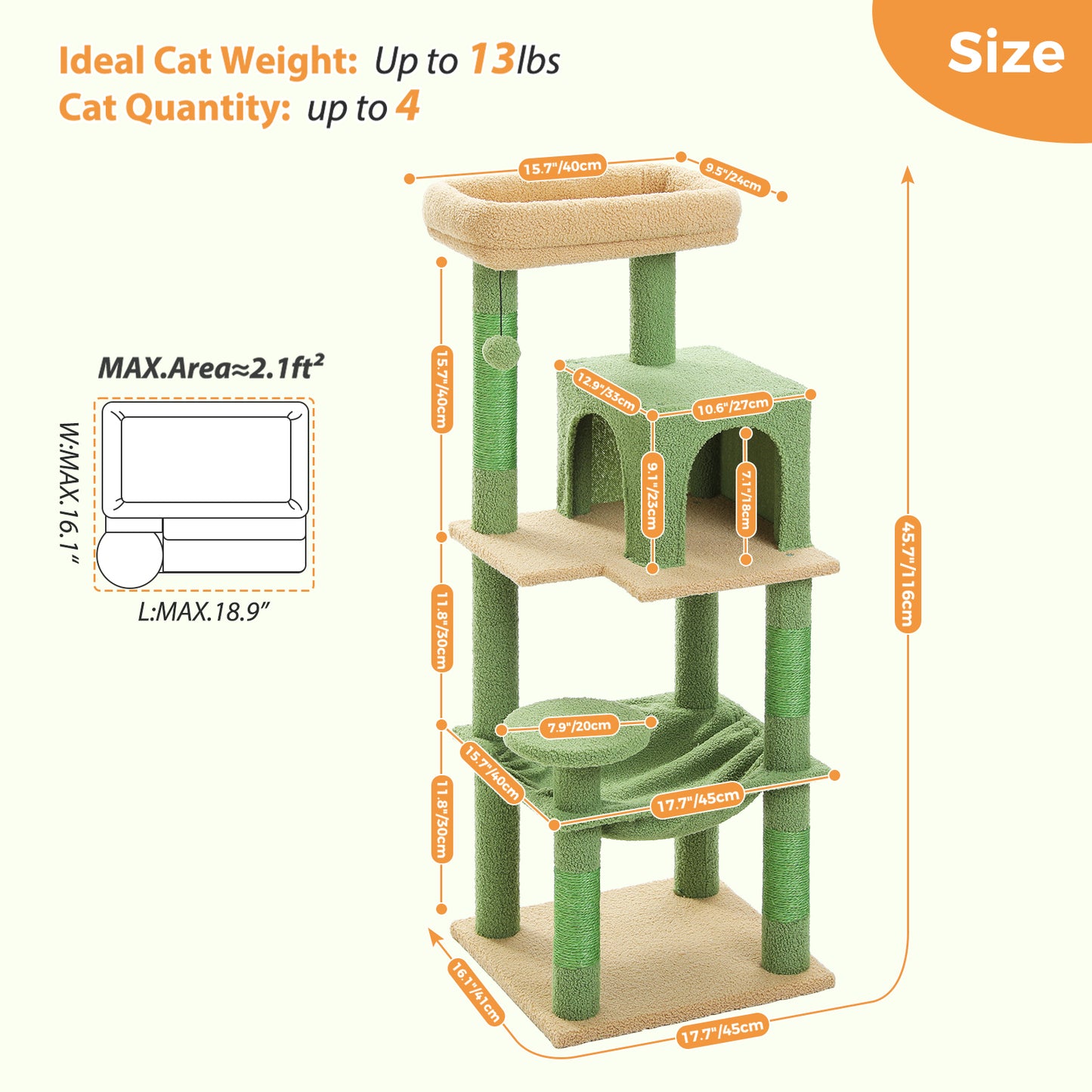 PAWZ Road 116 cm Katzenbaum mittelgroßer Kratzturm mit 4 Sisal-Kratzpfosten, Metallrahmen großer Hängematte und gemütlichem Schlafhaus, Aktivitätszentrum stabil und robust