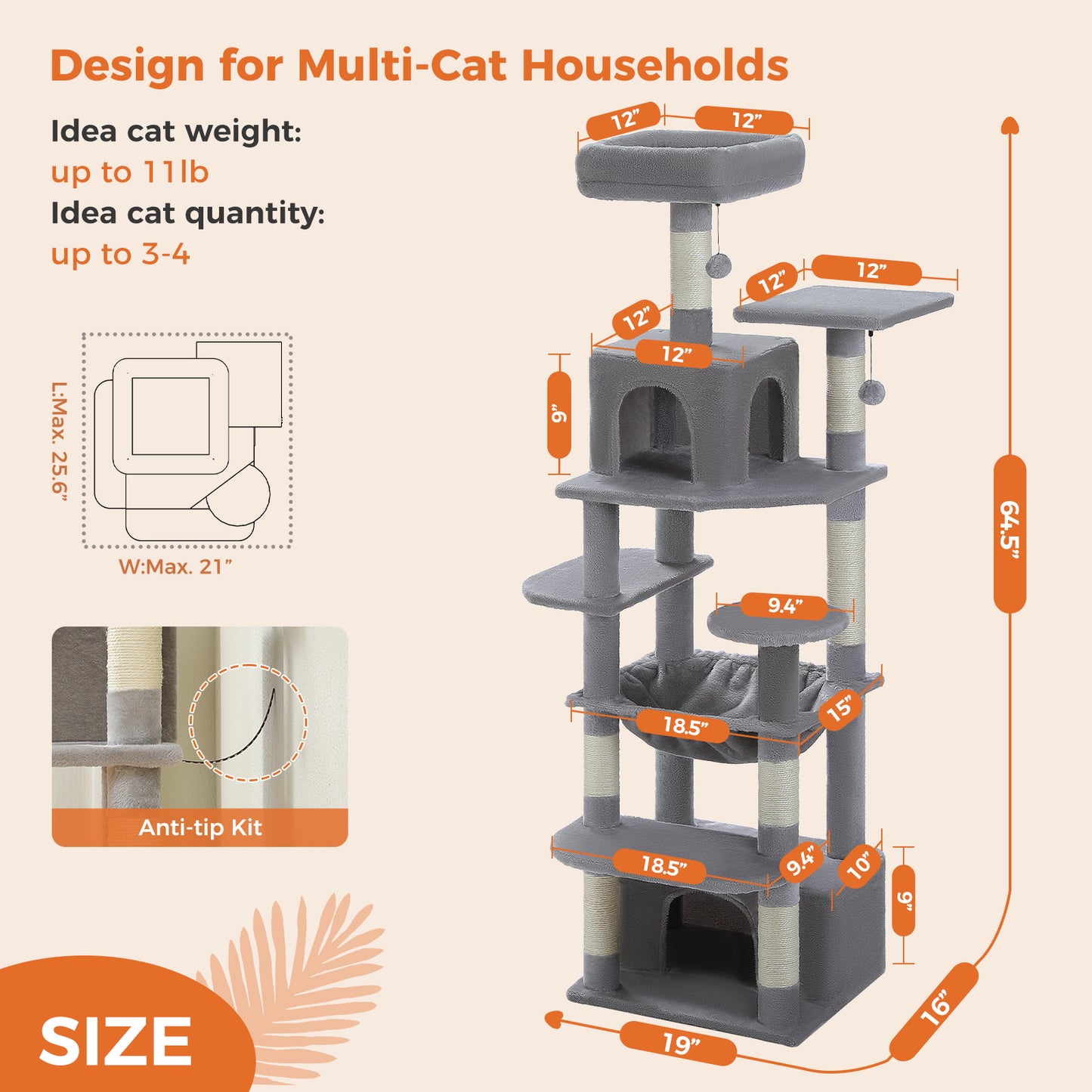 PAWZ Road Premium-Rascador | Árbol para gatos con hamaca XXL | Altura total 136 cm | Ideal para hogares con múltiples gatos