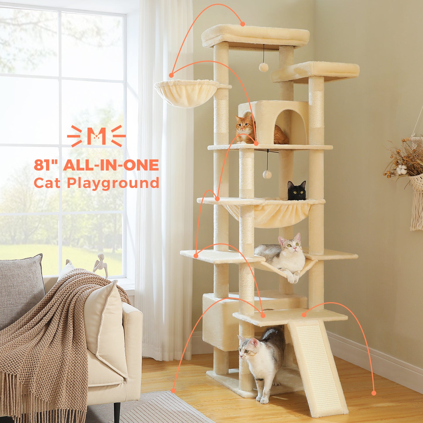 PAWZ Road 81 Zoll hoher Kratzbaum für Wohnungskatzen | Großes Modell für ausgewachsene Katzen | Mehretagiger Katzenbaum mit stabilem Metallrahmen-Hängematte | 2-in-1 Kratzrampe | 2 erhöhte Liegeflächen | 2 gemütliche Schlafhäuschen | 6 Kratzpfosten