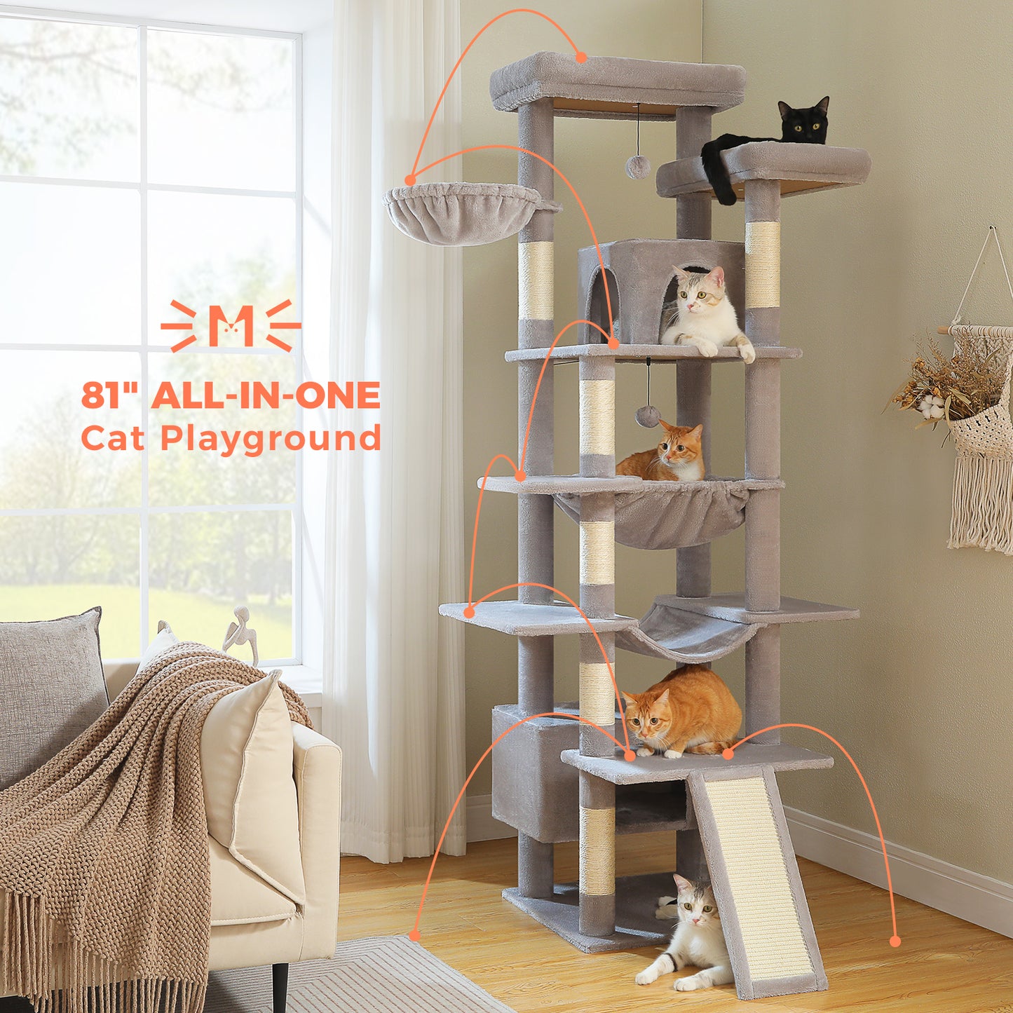 PAWZ Road 81 Zoll hoher Kratzbaum für Wohnungskatzen | Großes Modell für ausgewachsene Katzen | Mehretagiger Katzenbaum mit stabilem Metallrahmen-Hängematte | 2-in-1 Kratzrampe | 2 erhöhte Liegeflächen | 2 gemütliche Schlafhäuschen | 6 Kratzpfosten