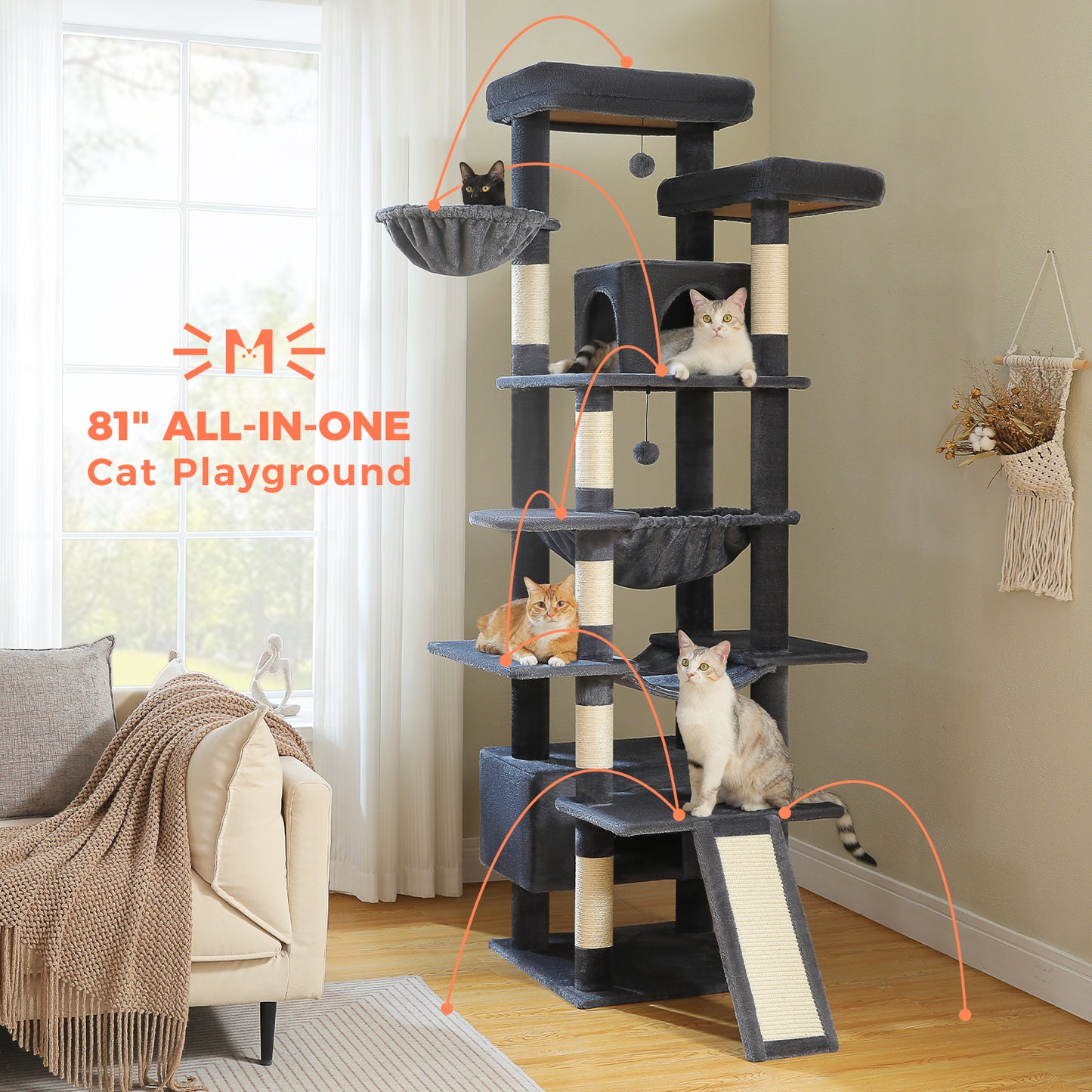 PAWZ Road 81 Zoll hoher Kratzbaum für Wohnungskatzen | Großes Modell für ausgewachsene Katzen | Mehretagiger Katzenbaum mit stabilem Metallrahmen-Hängematte | 2-in-1 Kratzrampe | 2 erhöhte Liegeflächen | 2 gemütliche Schlafhäuschen | 6 Kratzpfosten