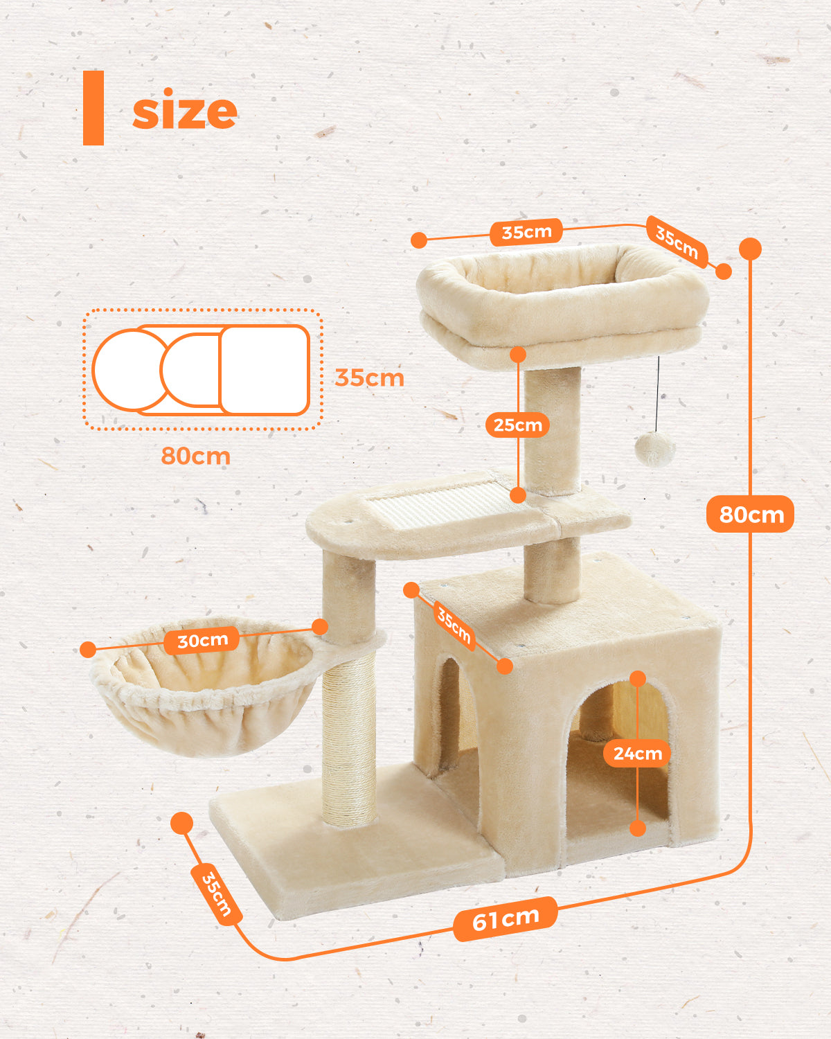 Tiragraffi multilivello | Amaca oscillante | Tiragraffi in sisal | Altezza 80 cm (31,5 pollici) | Piattaforma in peluche + rivestimento in sisal | Lavabile in lavatrice