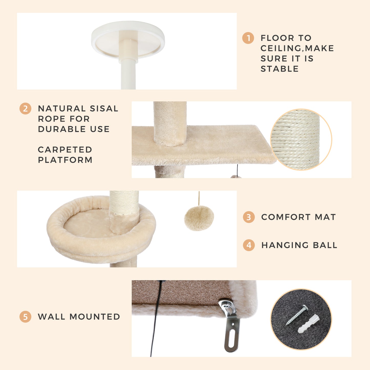 Árbol rascador XXL hasta el techo con montaje en pared | 5 niveles | Altura ajustable 228~274cm (89,8~107,9 pulgadas) | Postes de sisal natural extra gruesos | Cojines para dormir acogedores | Juguetes colgantes | Para razas de gatos grandes