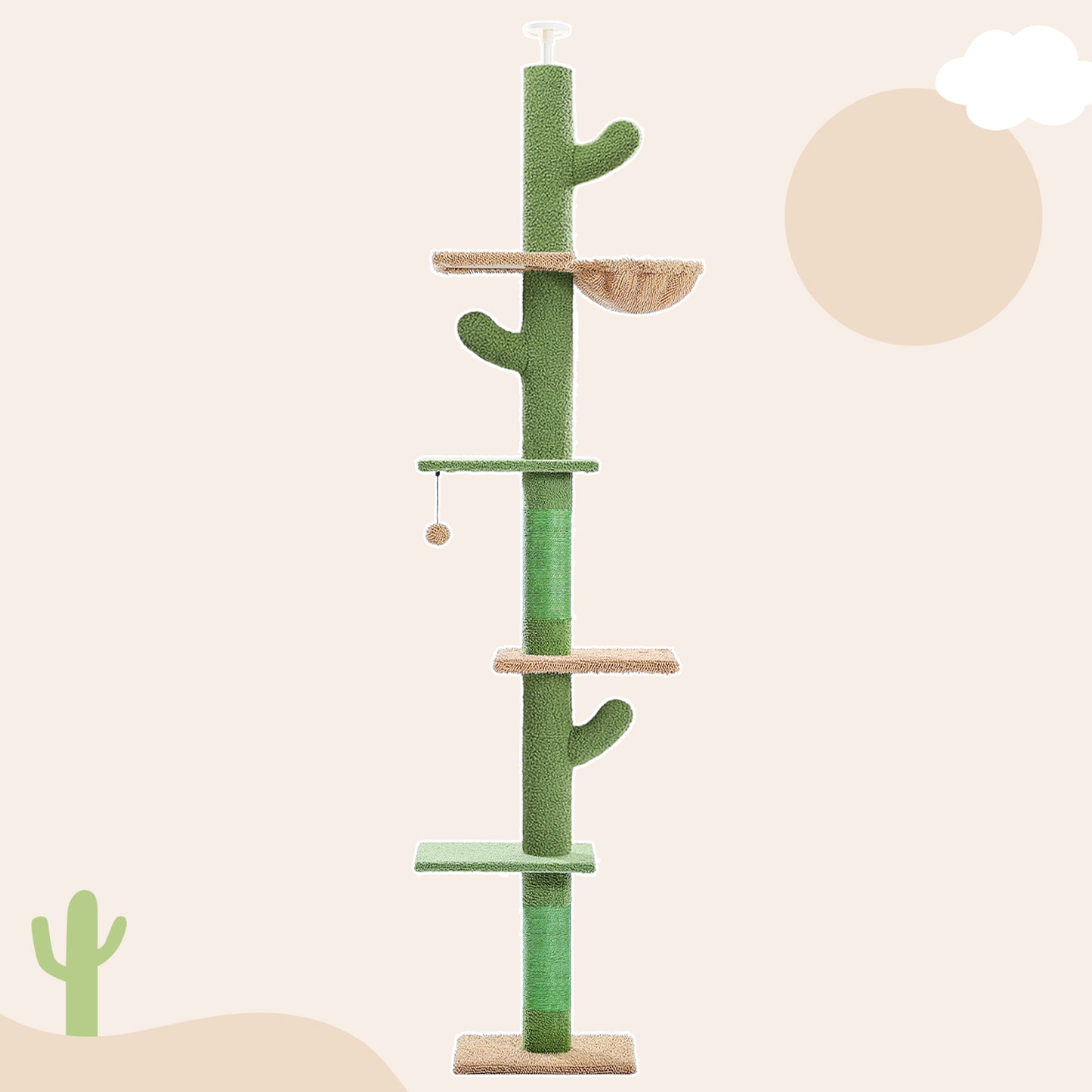 PAWZ Road Kaktus-Katzenkratzbaum | Deckenstütz-System | Höhenverstellbar (241-274 cm) | Mit Sisal-Kratzsäulen | Ideal für Großkatzen
