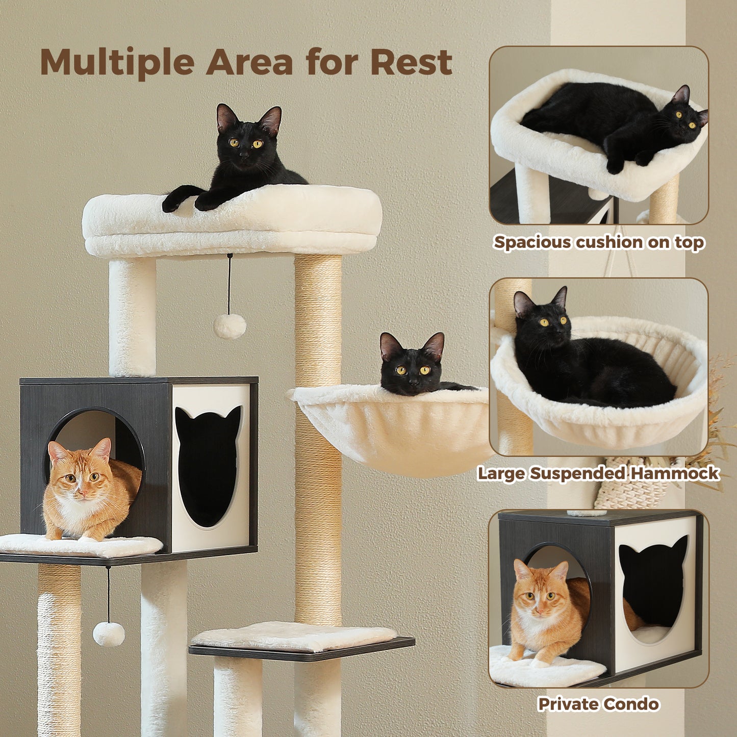 PAWZ Road Rascador Moderno para Gatos Grandes | Árbol para Gatos Premium con Casa de Sueño XXL | Altura Total 146 cm