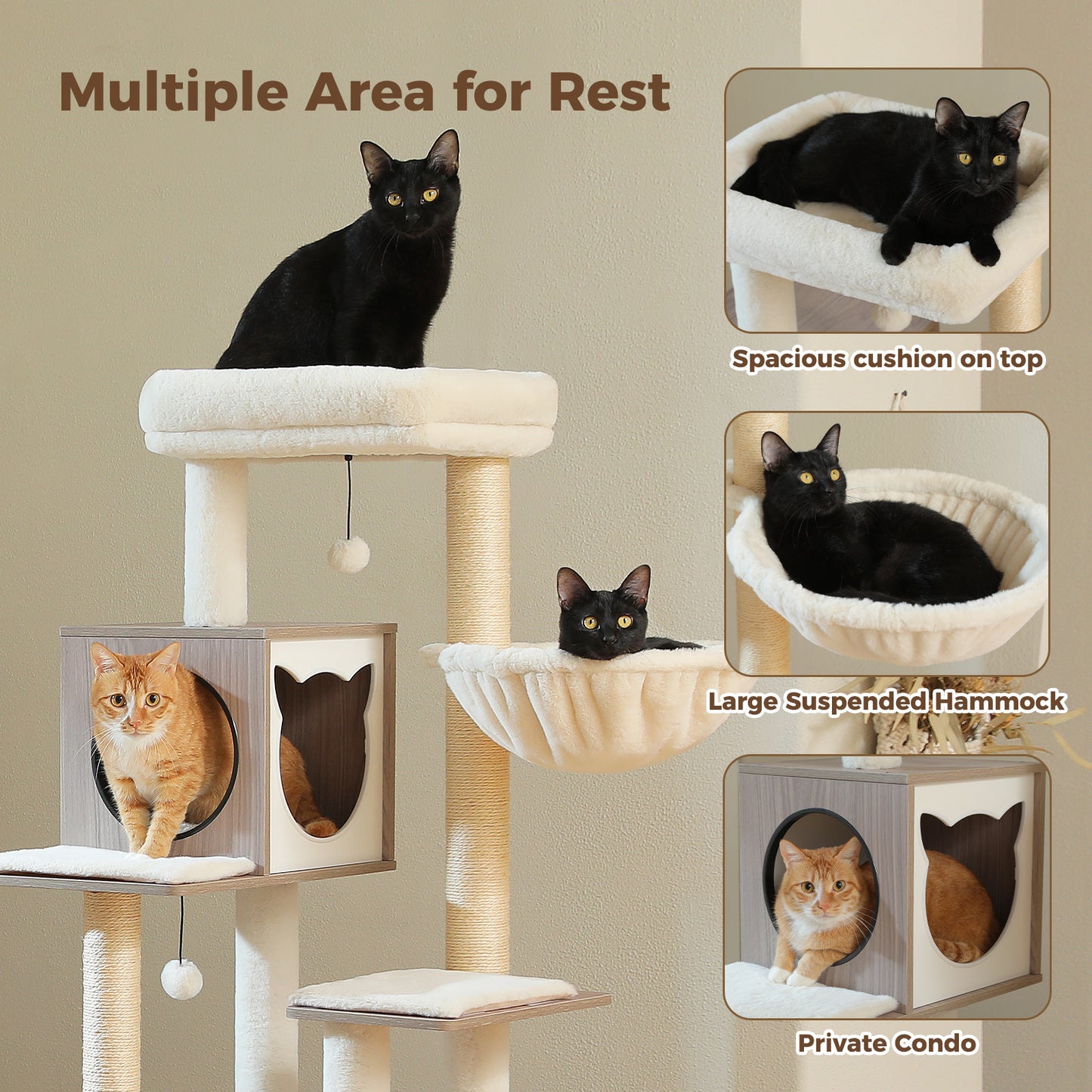 PAWZ Road Rascador Moderno para Gatos Grandes | Árbol para Gatos Premium con Casa de Sueño XXL | Altura Total 146 cm