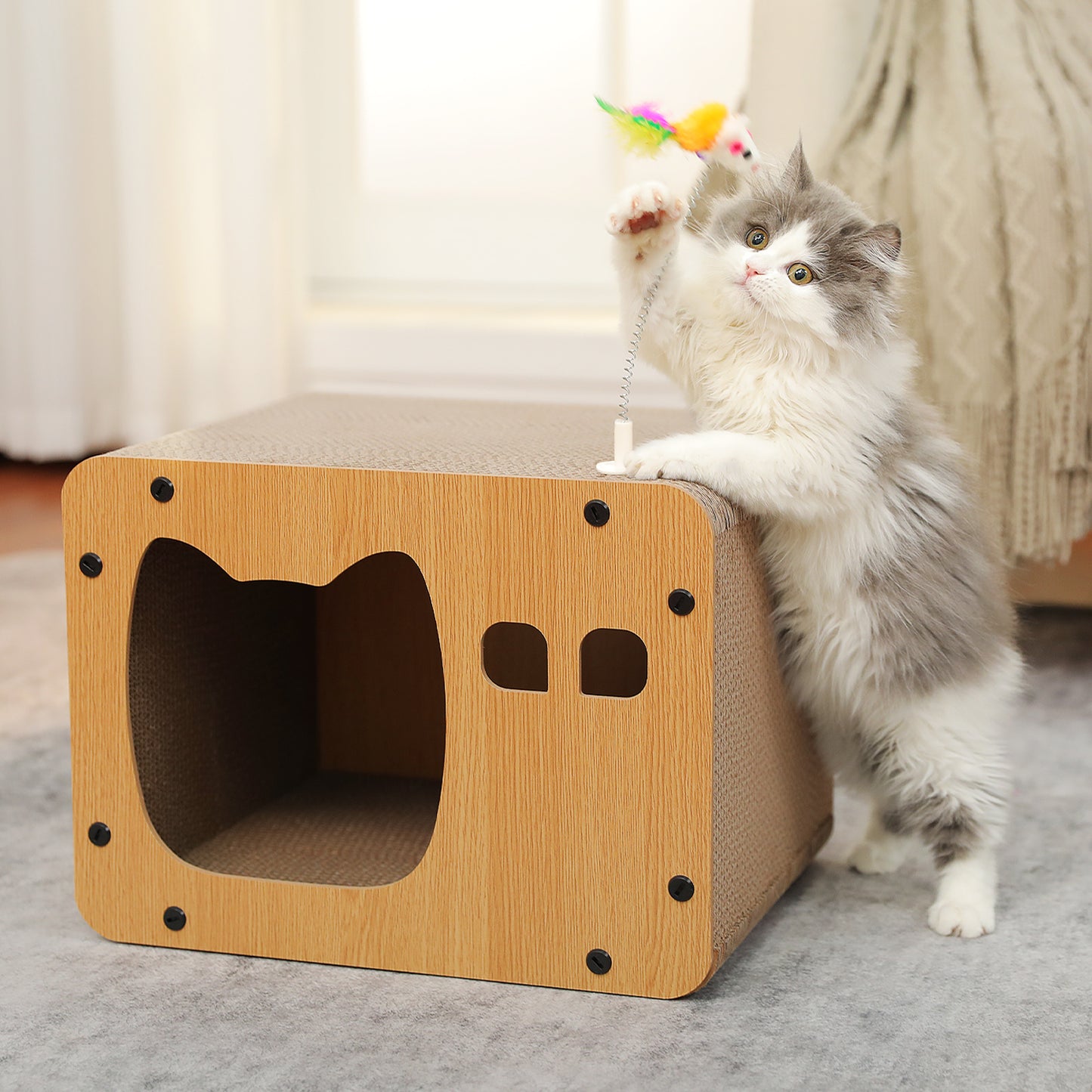 PAWZ Road 20KG Load-Bearing Extra-Strong Cat Scratching Board | 21cm Widened Column + 30cm XXL Diameter | Non-Slip Base | Corrugated Cardboard Villa Design
