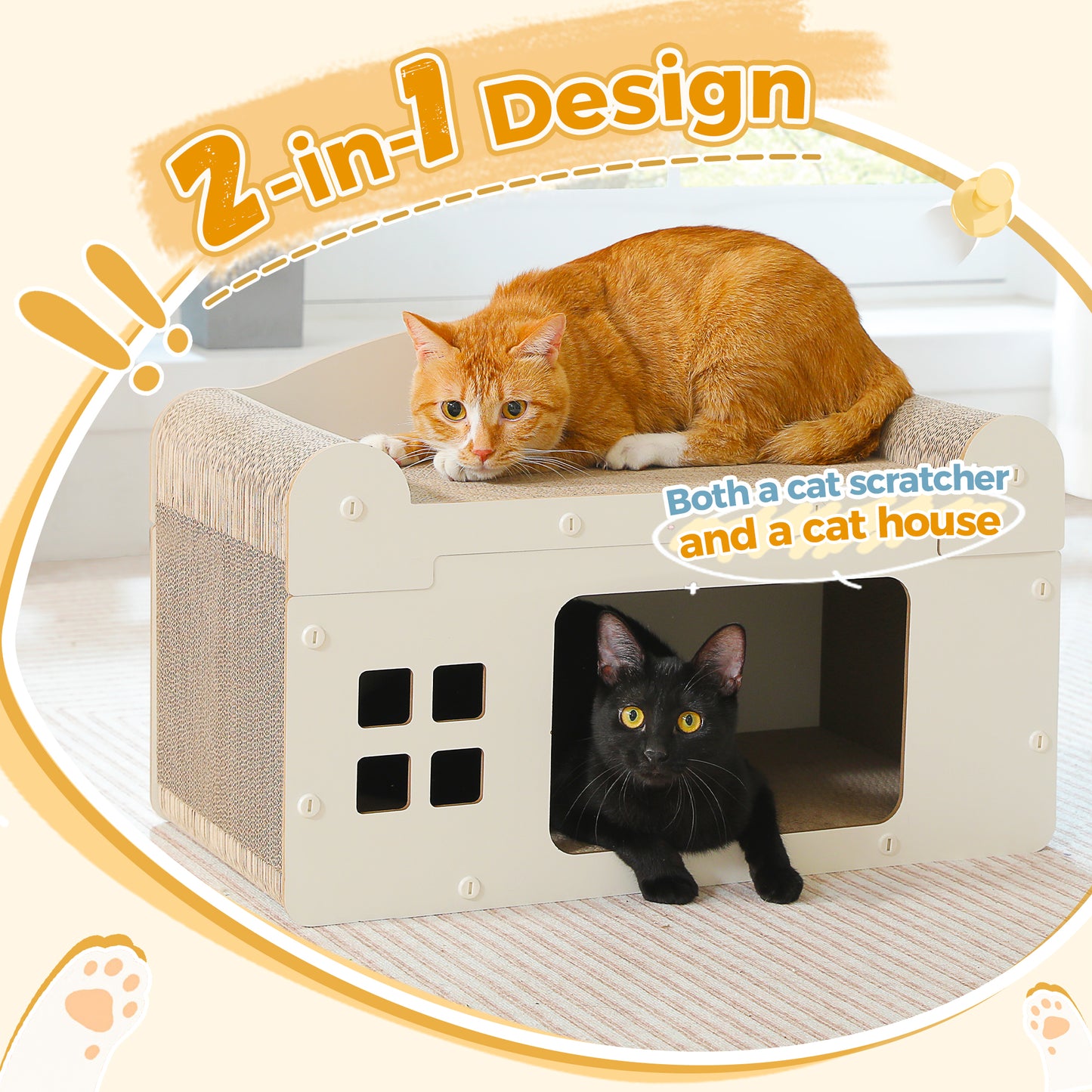 PAWZ Road Casa para Gatos con Tapa Desmontable y Rascador | Construcción de Cartón Ondulado de Alta Densidad de Doble Capa | Casa para Gatos 2 en 1 + Función de Rascado | Ventilada y Lavable