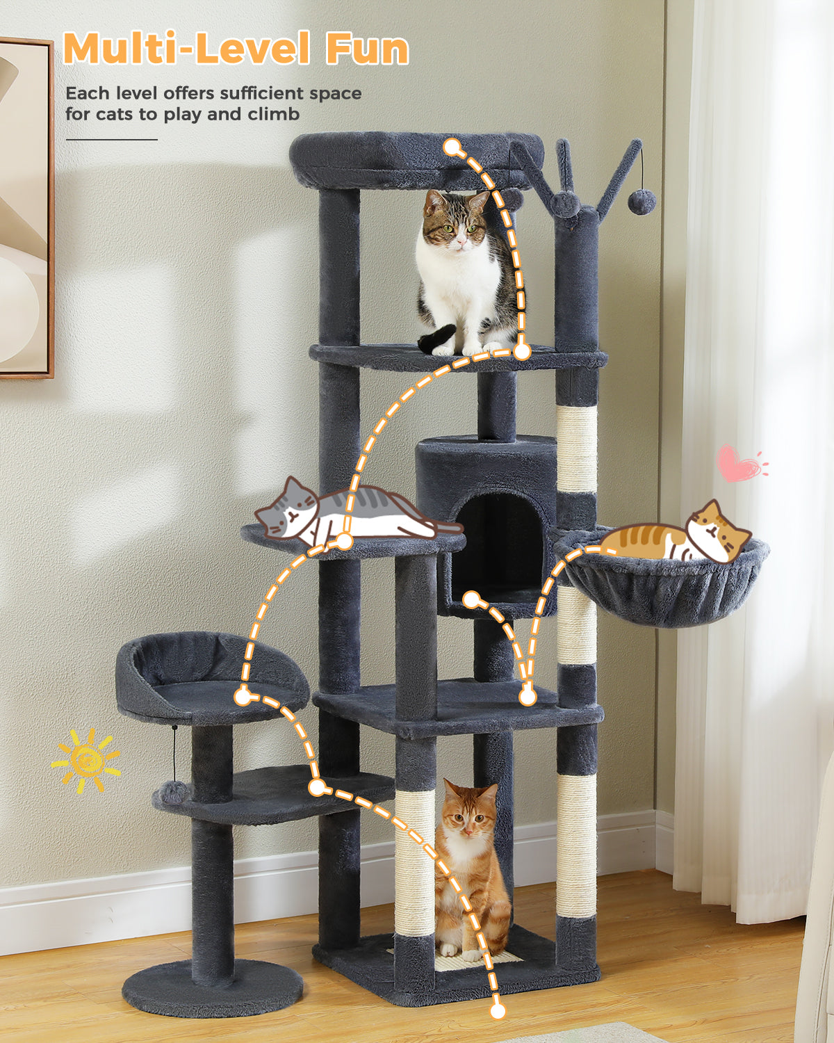 Albero per gatti PAWZ Road Flower da 150 cm - Torre per gatti grande a più livelli | Design basso | con cuccia | Amaca XXL | Pali in sisal e 2 piattaforme