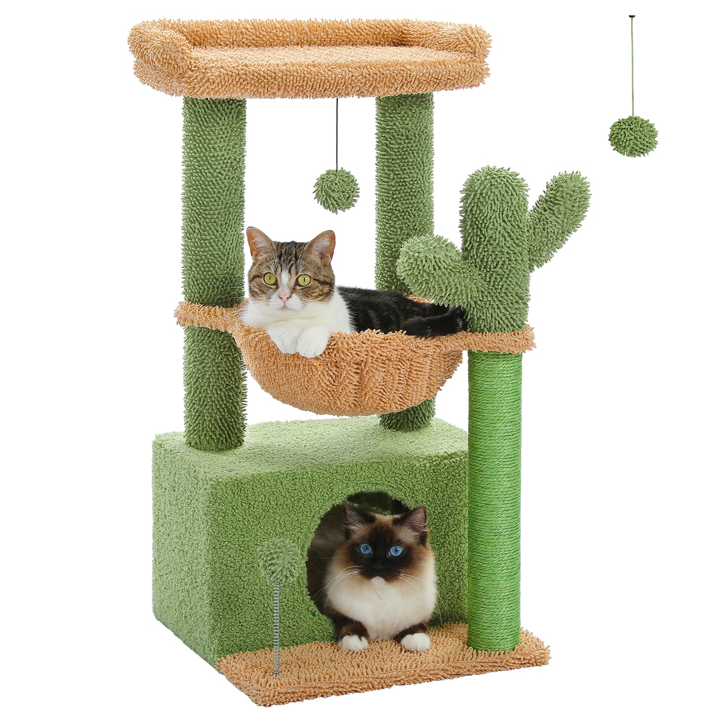 PAWZ Road 4-in-1 Kaktus-Katzenbaum | 84 cm Katzenturm | mit XXL-Schlafhaus | Sisalpfosten | Tiefe Hängematte | Aussichtsplattform