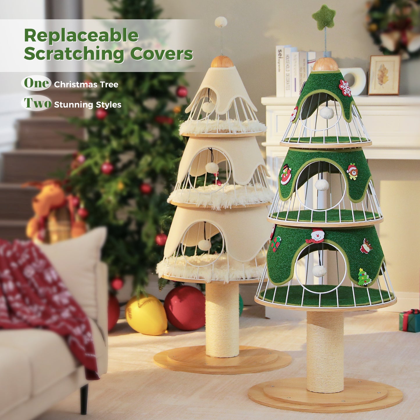 PAWZ Road Arbre de Noël pour chats, tour d'escalade multicouche de 130 cm de haut avec revêtement en sisal de 14 cm d'épaisseur pour gratter et 3 grands abris de sommeil – Arbre intérieur pour chats