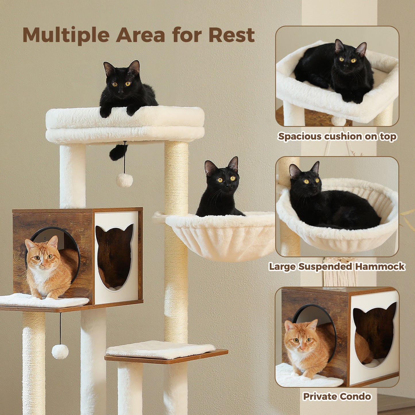 PAWZ Road Rascador Moderno para Gatos Grandes | Árbol para Gatos Premium con Casa de Sueño XXL | Altura Total 146 cm