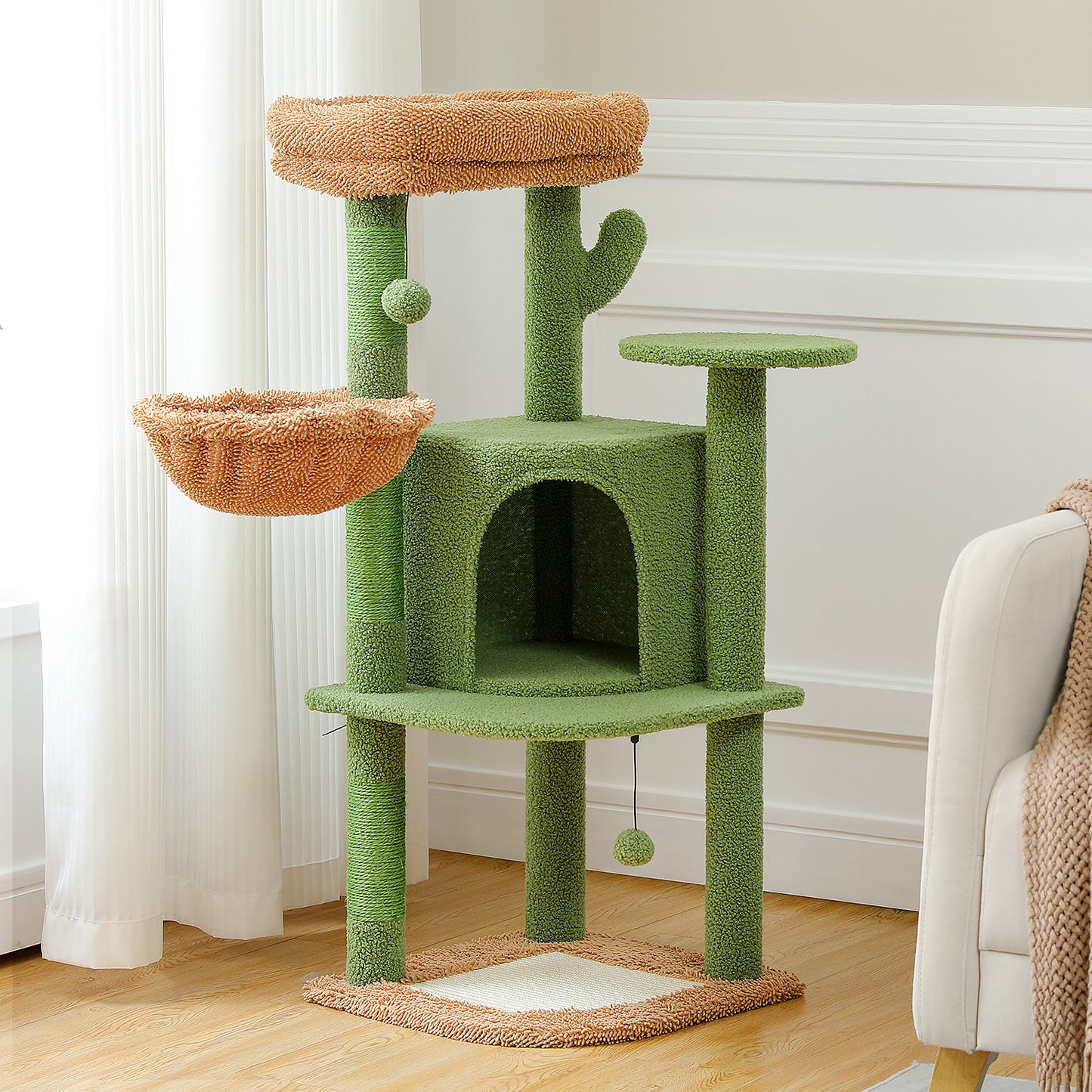 PAWZ Road Kratzbaum | mit Sisal-Kratzpfosten | Kratzbrett | große kuschelige Katzenhöhle | Korb und Plattform | Höhe 106 cm | Kaktus-Design