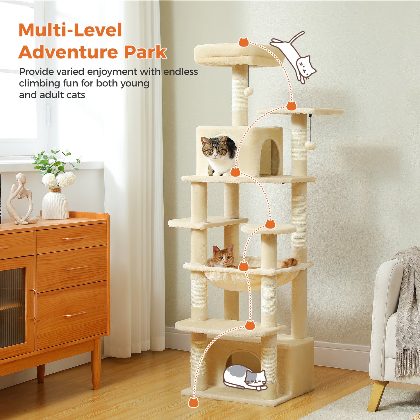 PAWZ Road Premium-Rascador | Árbol para gatos con hamaca XXL | Altura total 136 cm | Ideal para hogares con múltiples gatos