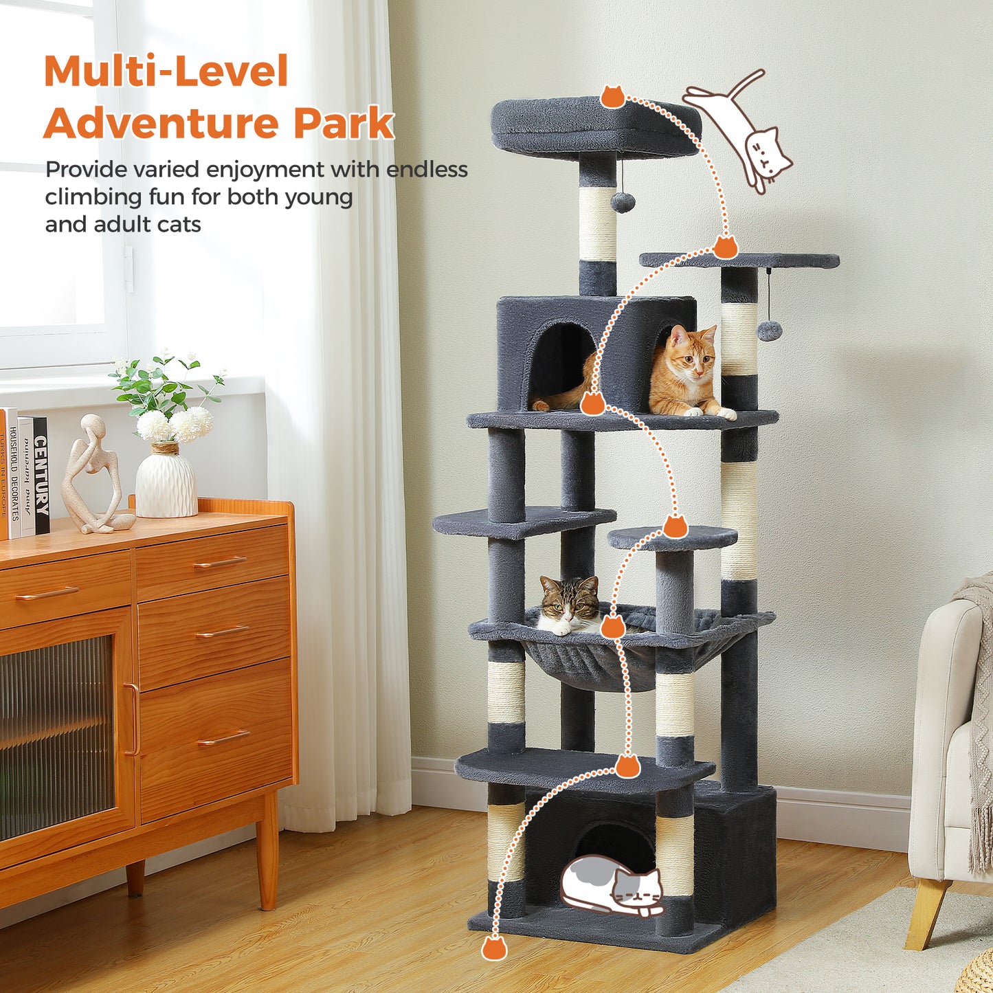 PAWZ Road Premium-Rascador | Árbol para gatos con hamaca XXL | Altura total 136 cm | Ideal para hogares con múltiples gatos