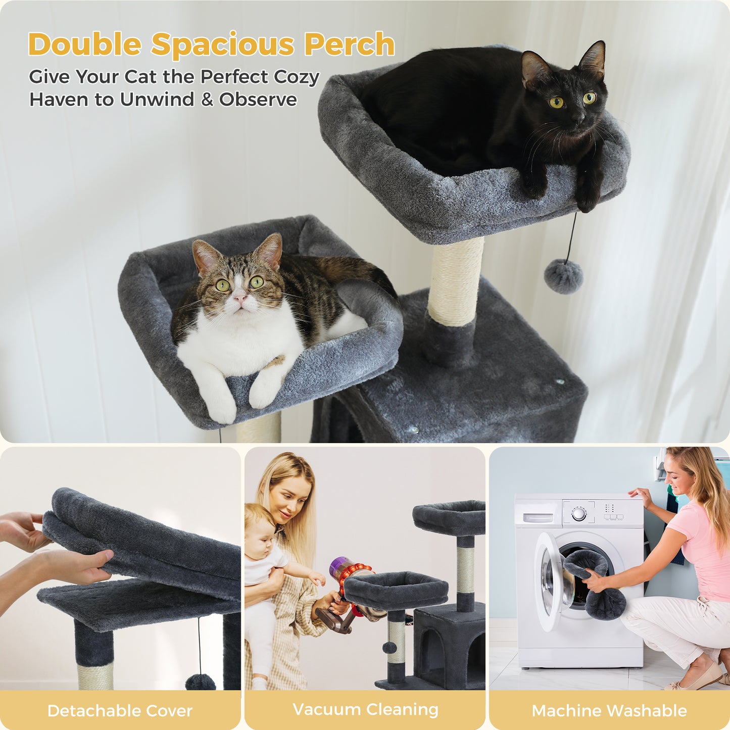 PAWZ Road XXL-Árbol rascador 162cm | Columnas rascadoras envueltas en sisal | Con gran hamaca + 2 plataformas superiores | Incl. pelotas de juego intercambiables | Para razas de gatos grandes