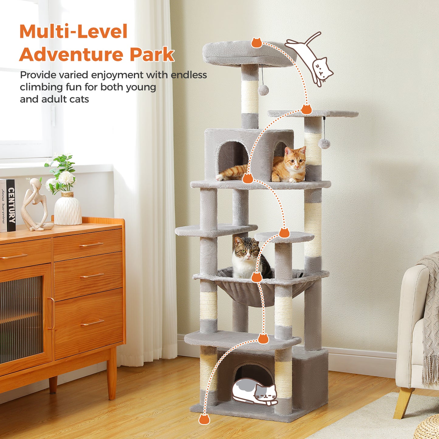 PAWZ Road Premium-Rascador | Árbol para gatos con hamaca XXL | Altura total 136 cm | Ideal para hogares con múltiples gatos
