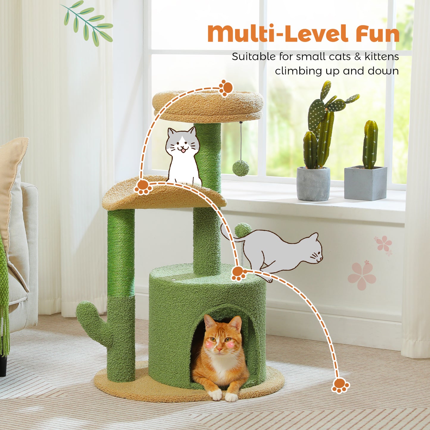 PAWZ Road Cat Tree – 81 cm purple flower cat tree | Sisal scratching posts | Cozy cat house | Cuddly platforms | Fluffy play balls