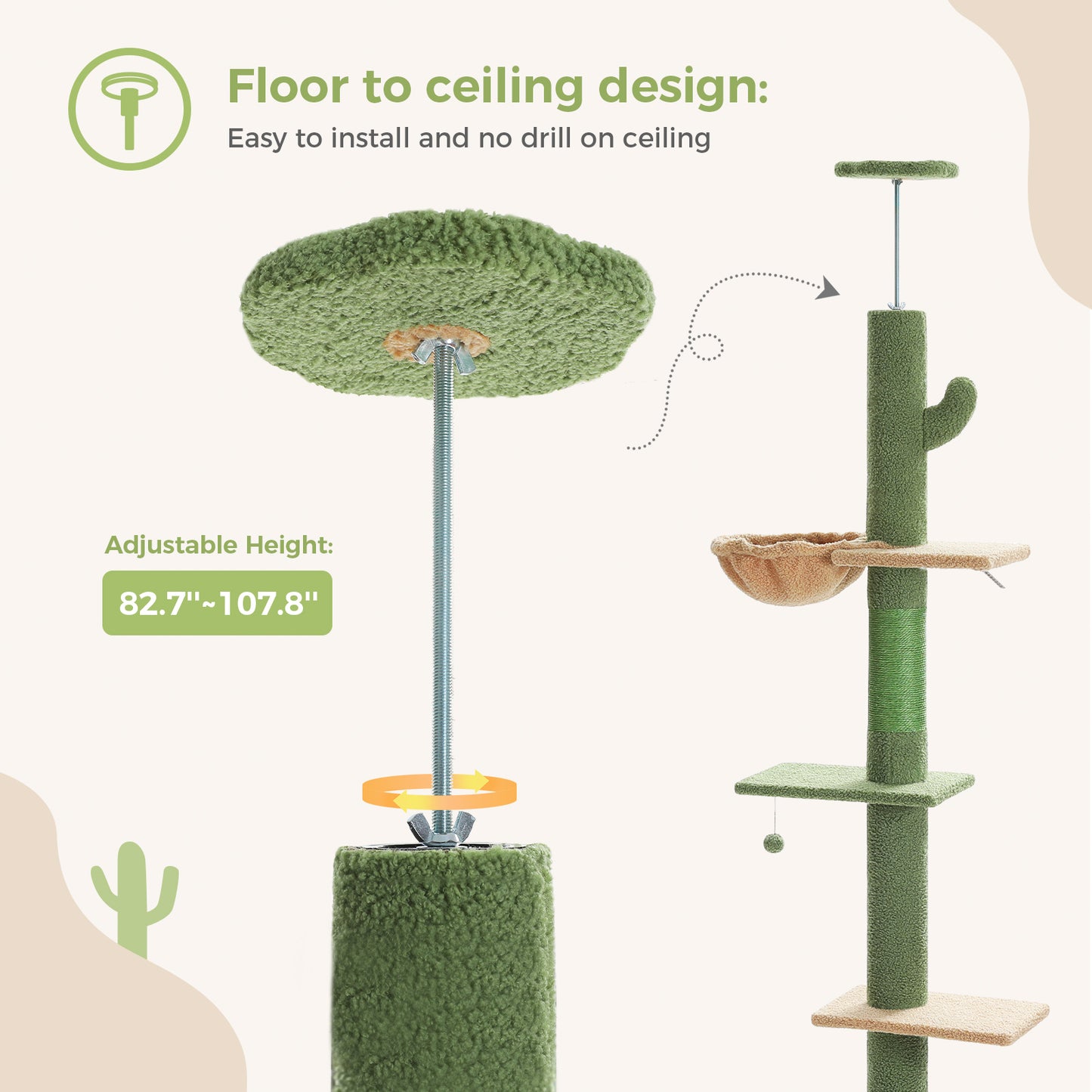 PAWZ Road Arbre à chats Cactus du sol au plafond avec hauteur réglable de 216 cm à 273 cm, Tour pour chats offrant un espace d'activité spacieux avec hamac et une cabane pour chats, ceinture anti-chute