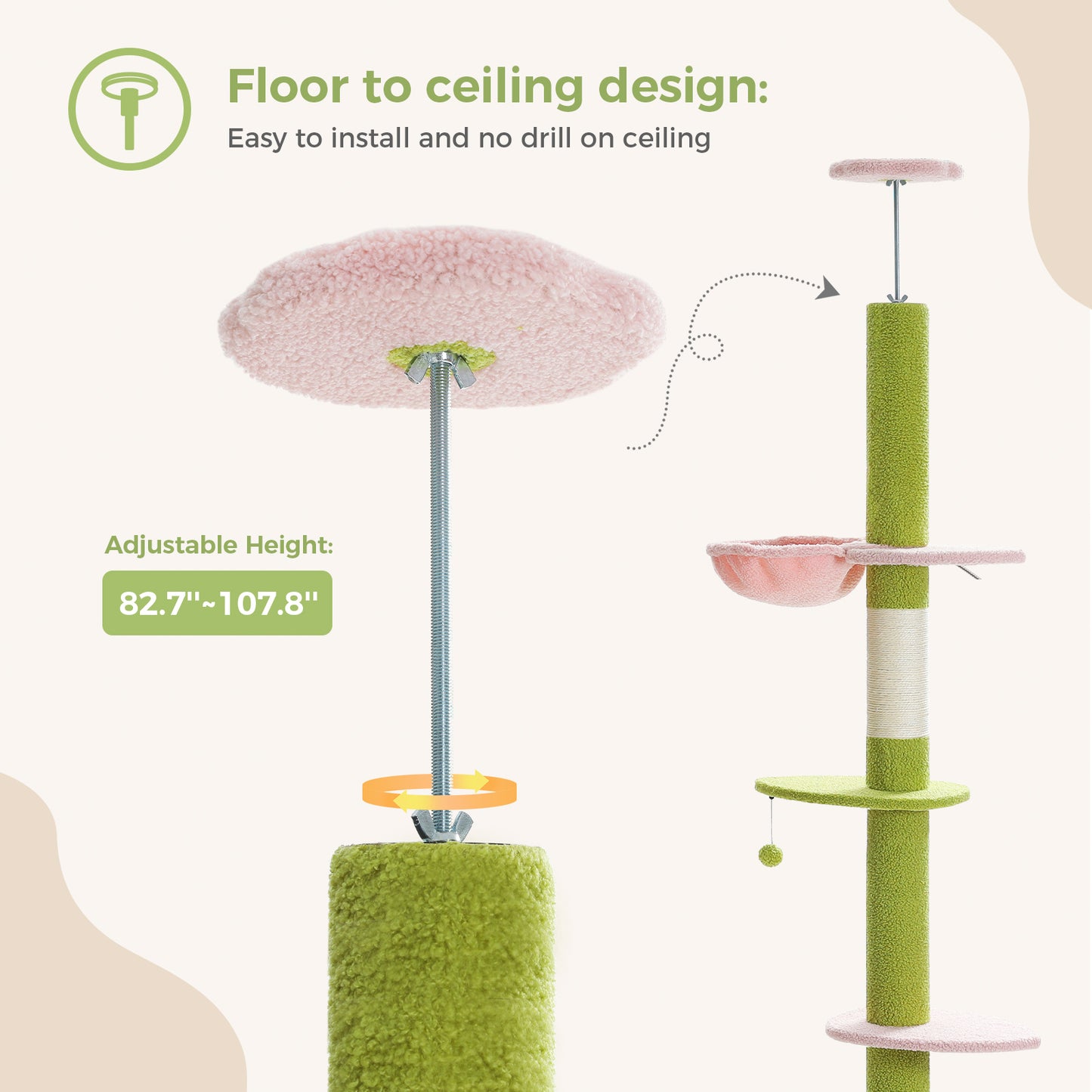 PAWZ Road Arbre à chats Cactus du sol au plafond avec hauteur réglable de 216 cm à 273 cm, Tour pour chats offrant un espace d'activité spacieux avec hamac et une cabane pour chats, ceinture anti-chute