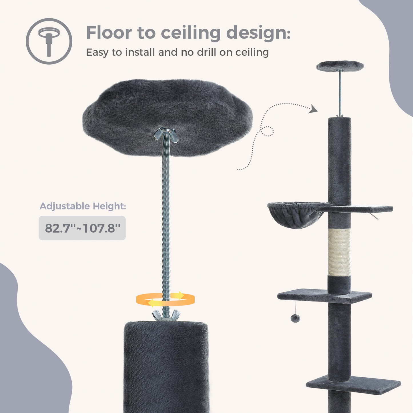 PAWZ Road Arbre à chats Cactus du sol au plafond avec hauteur réglable de 216 cm à 273 cm, Tour pour chats offrant un espace d'activité spacieux avec hamac et une cabane pour chats, ceinture anti-chute