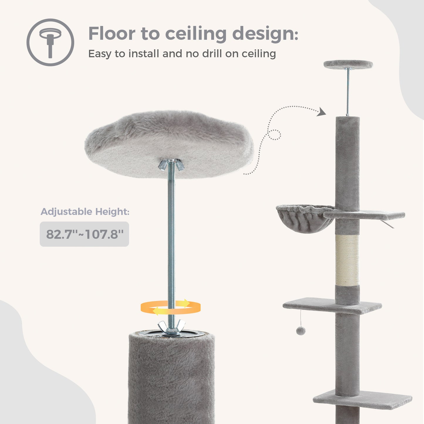 PAWZ Road Arbre à chats Cactus du sol au plafond avec hauteur réglable de 216 cm à 273 cm, Tour pour chats offrant un espace d'activité spacieux avec hamac et une cabane pour chats, ceinture anti-chute