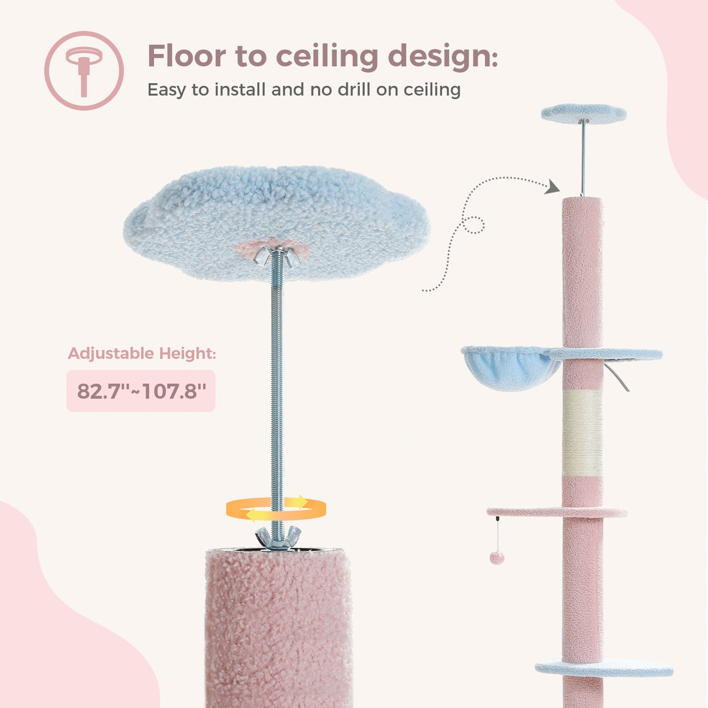 PAWZ Road Arbre à chats Cactus du sol au plafond avec hauteur réglable de 216 cm à 273 cm, Tour pour chats offrant un espace d'activité spacieux avec hamac et une cabane pour chats, ceinture anti-chute