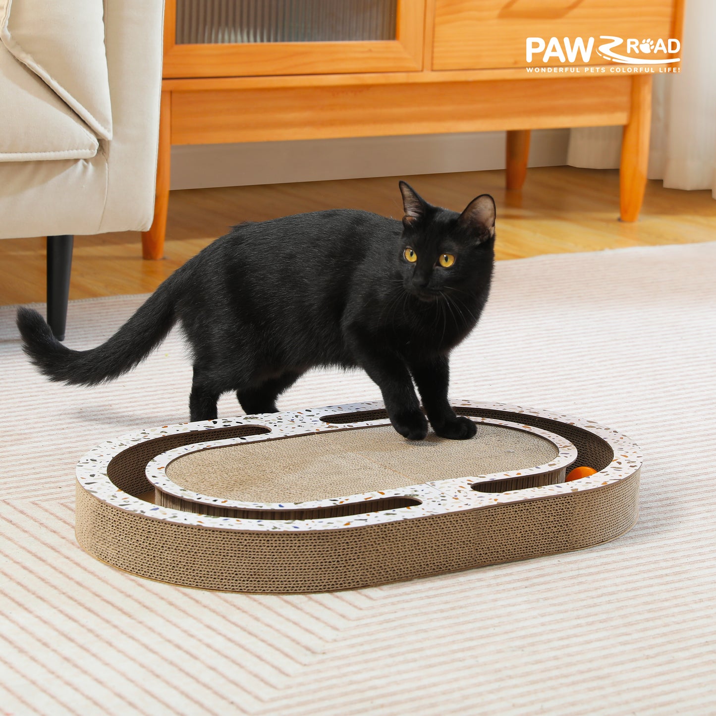 PAWZ Road Verstärkte Wellpappe-Kratzbrett für Katzen | 55 cm XXL-Größe + Spielball-Zubehör | Kratzfest und langlebig | Kombiniert Spielen, Kratzen & Ruhen in einem