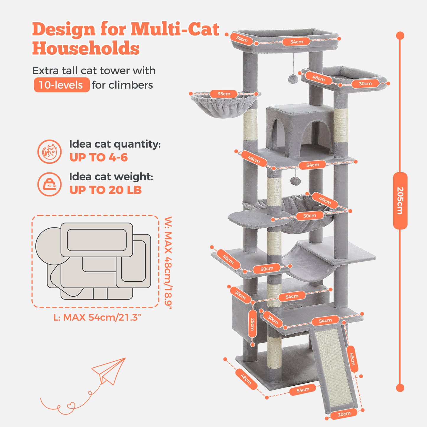 PAWZ Road 81 Zoll hoher Kratzbaum für Wohnungskatzen | Großes Modell für ausgewachsene Katzen | Mehretagiger Katzenbaum mit stabilem Metallrahmen-Hängematte | 2-in-1 Kratzrampe | 2 erhöhte Liegeflächen | 2 gemütliche Schlafhäuschen | 6 Kratzpfosten